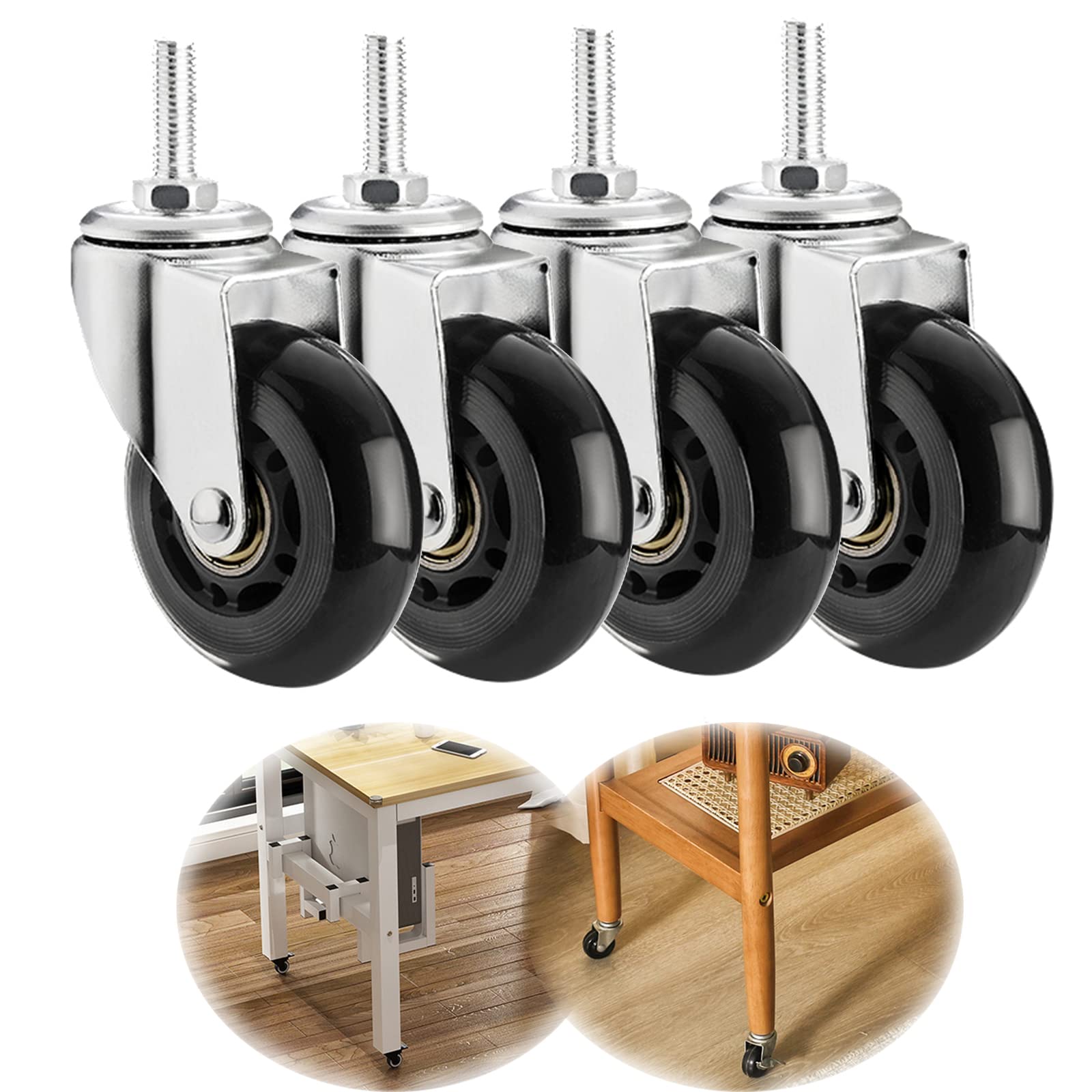 Ruedas giratorias Resistentes de 63 mm, Ruedas con manija, Capacidad de Carga de 200 kg, Paquete de 4 Ruedas roscadas con Frenos, Ruedas giratorias, Ruedas giratorias para Carro, Ruedas negr