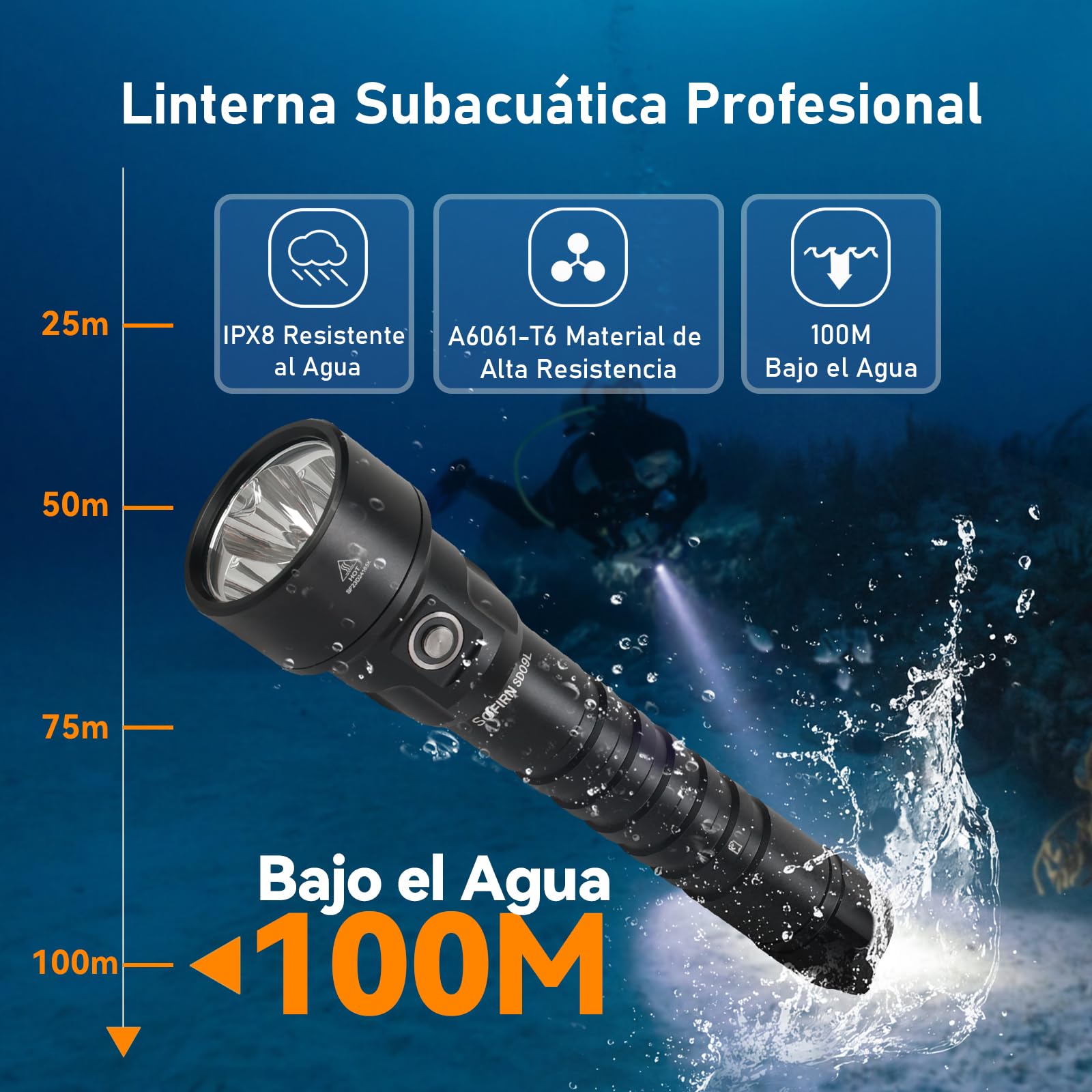 Sofirn SD09L - Linterna de buceo LED, 6800 lúmenes, linterna LED para buceo, IPX8 sumergible hasta 100 m, 3 LEDs de alto rendimiento con baterías recargables