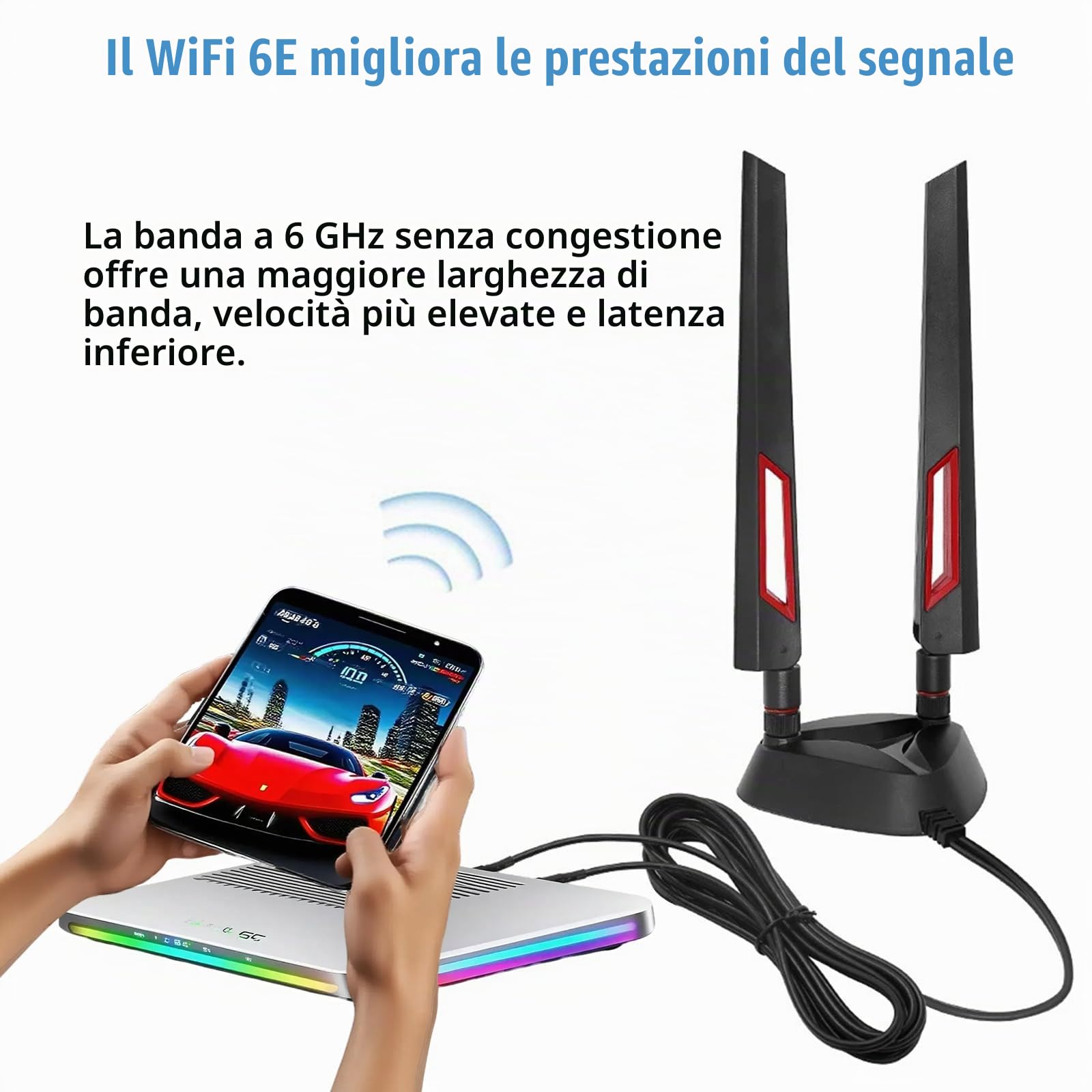 Antenna WiFi 6E Tri-Band 6GHz 5GHz 2,4GHz RP-SMA Antenna WLAN Base magnetica con prolunga da 2 m/6,6 ft per PC Bluetooth scheda madre WiFi 6 router fotocamera PC desktop wireless