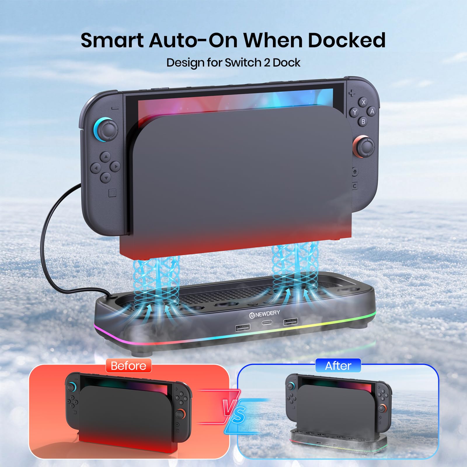 NEWDERY chłodnica do Nintendo Switch 2 Dock, miejsce na 6 kart gier i 3 wyjścia USB, chłodnica Switch 2 z oświetleniem RGB, wentylator dual z 3-stopniową regulacją, stacja chłodzenia Switch 2