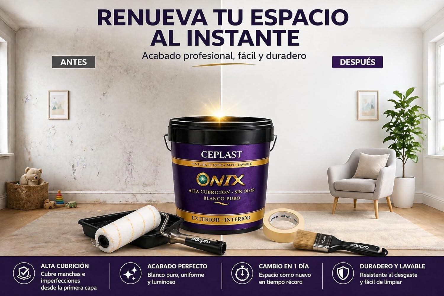 CEPLAST Kit Completo de Pintura ONIX Blanco 4L para Interior – Sin Olor, Alta Cobertura, con Rodillo, Cubeta, Papel Kraft y Accesorios para Pintar Casa Fácil