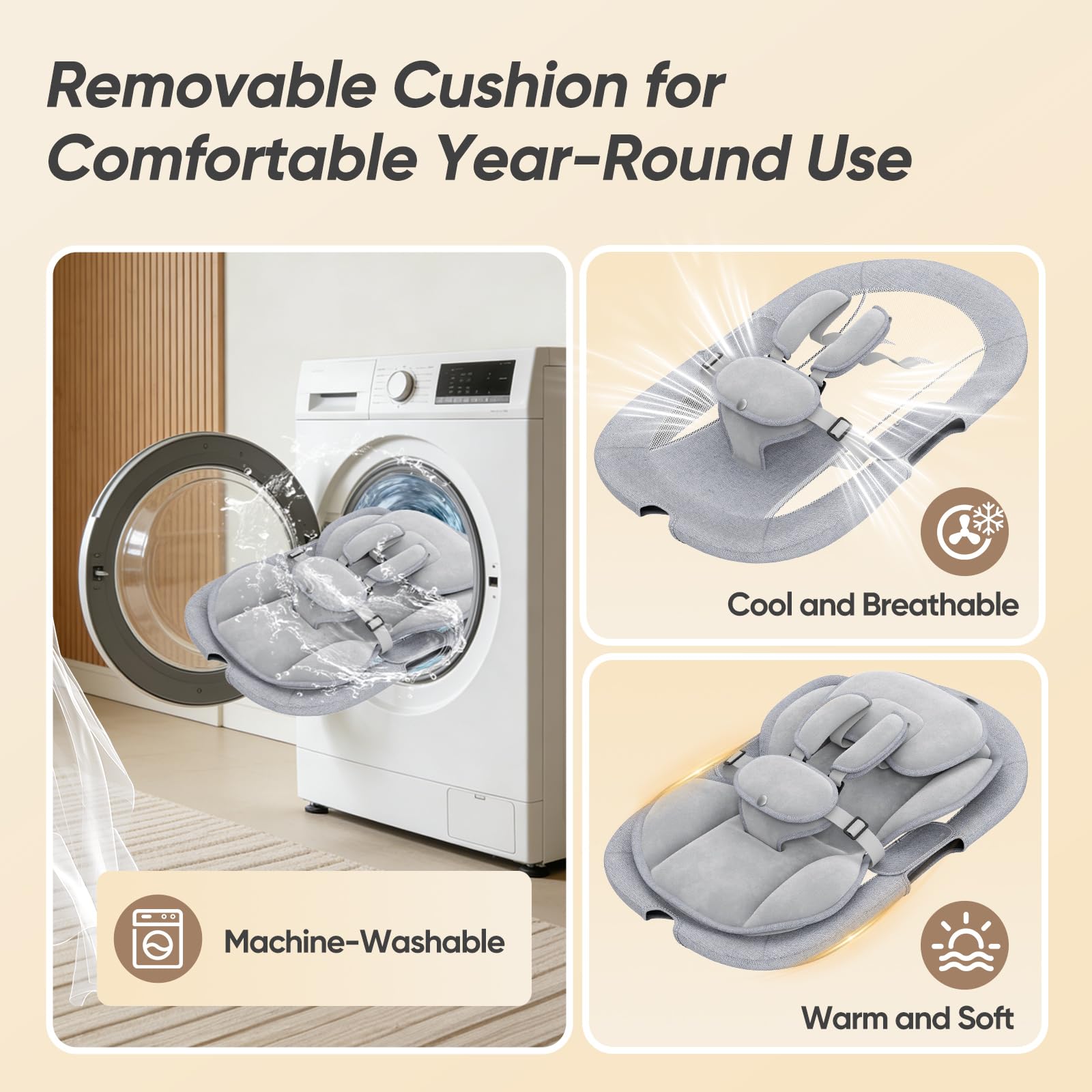 Balancelle Bébé Électrique avec Dossier Réglable sur 3 Positions | 5 vitesses, 12 mélodies apaisantes, minuterie 8/15/30 min, télécommande, coussin amovible, 3 alimentations