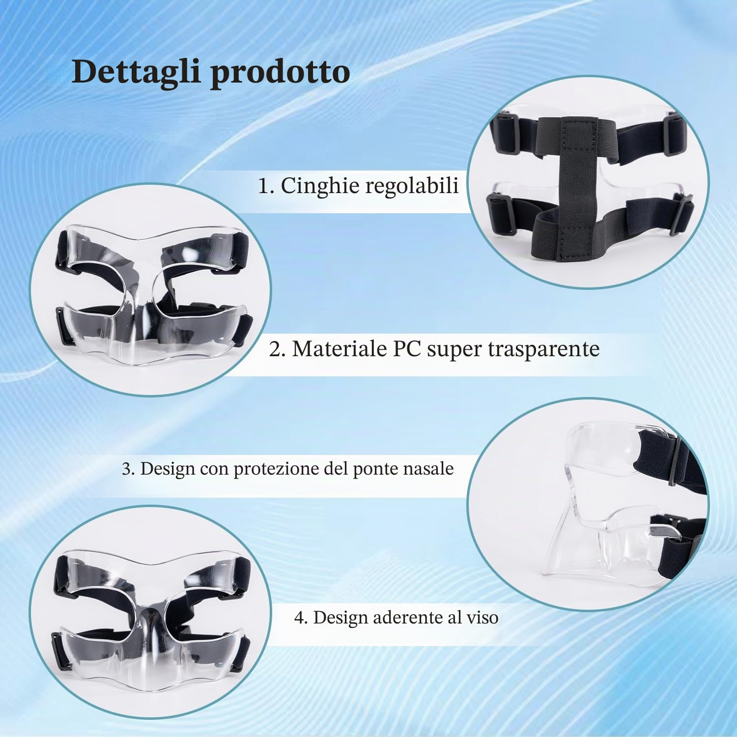 Protezione viso sportiva, protezione naso per naso rotto, pallacanestro, calcio, softball, allenamento, maschera con imbottitura in schiuma, per uomini e donne, apertura trasparente