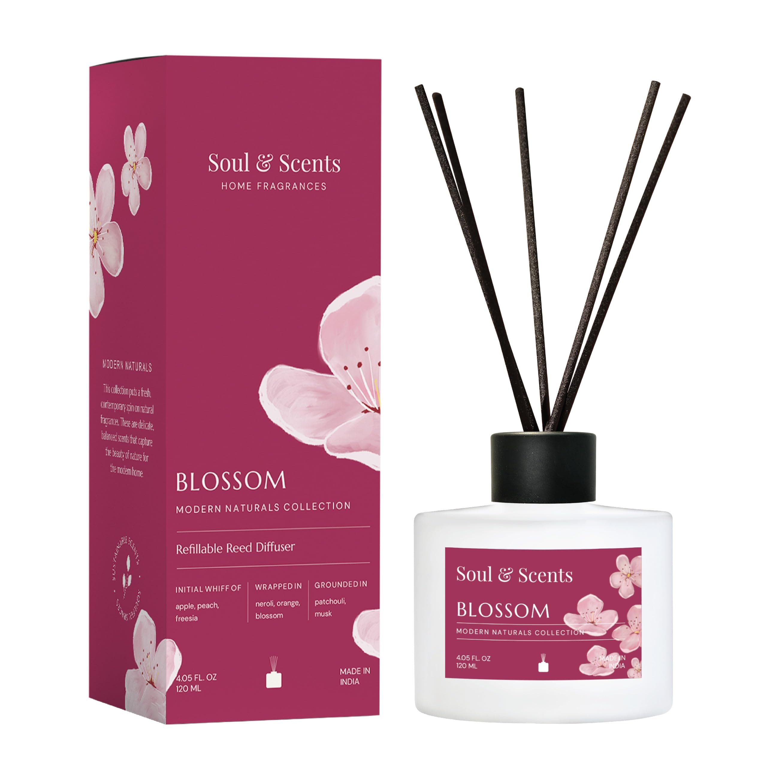 Soul & Scents 120Ml Blossom Reed Diffuser Set | Free 6 Fiber Reed Sticks | Toxin Free & Stress Relief | Long Lasting | Smoke Less Room Freshener for Home, Bedroom, Living Room & Office