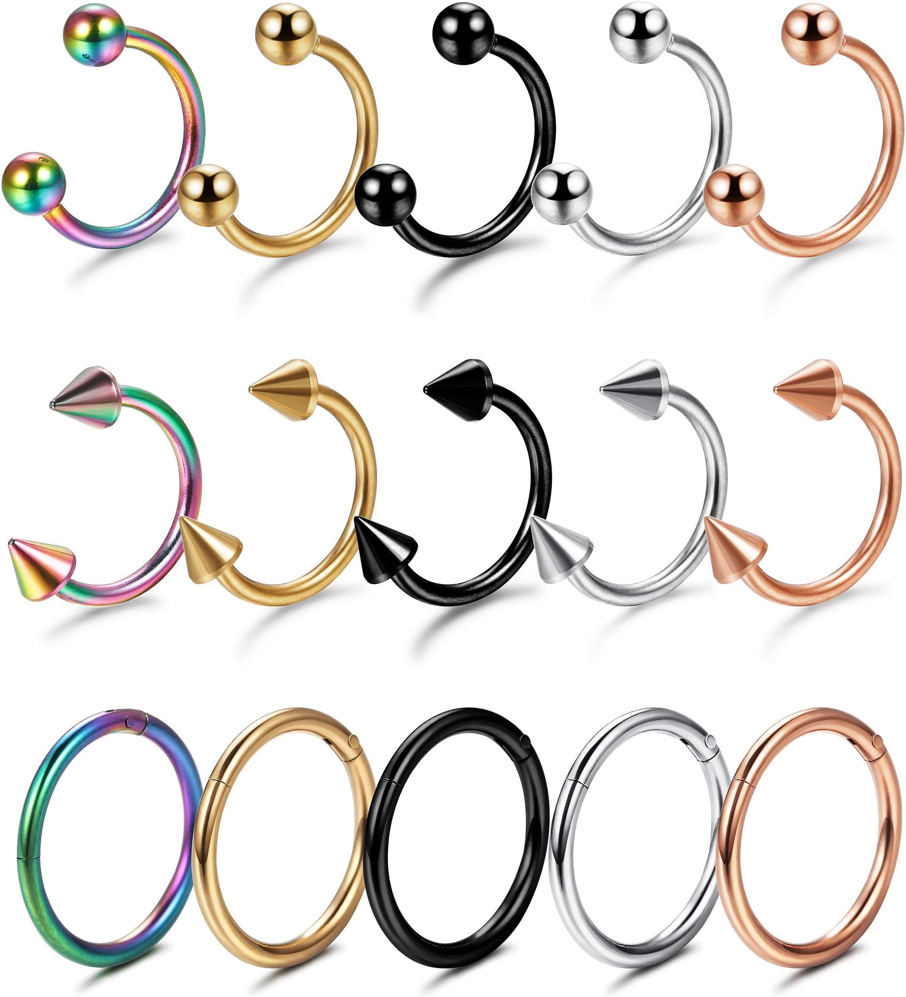 YADOCA 15 Pcs Set 1.2 mm Stainless Steel Fake Nose Ring Faux Piercing Jewelry Hoop Fake Nose Ring Faux Lip Septum Nose Ring 8mm/ 10mm Inner Size