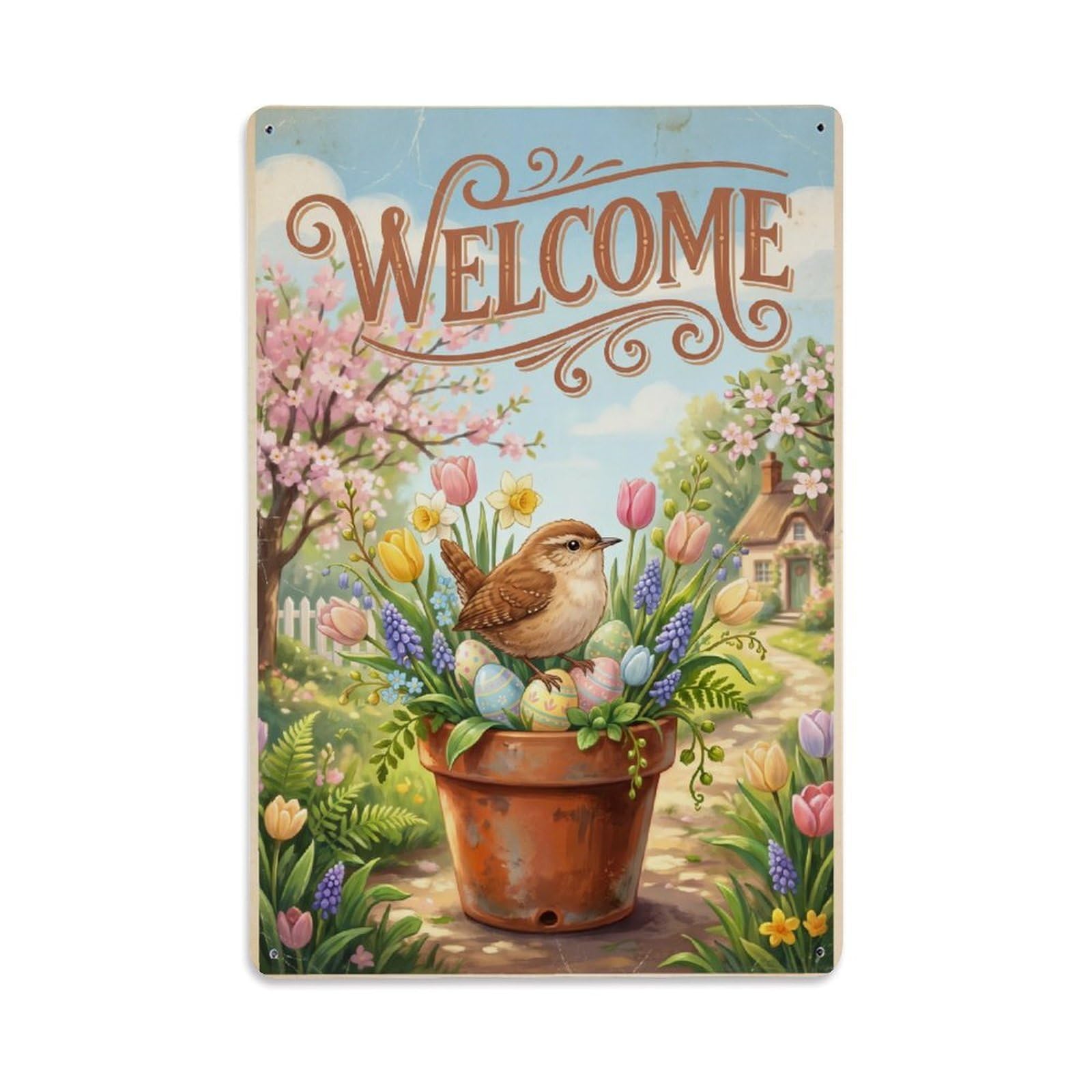 Cxhjca 8X12inch(20X30cm) [Vintage Welcome] Wren Easter Joy Metal Tin Sign