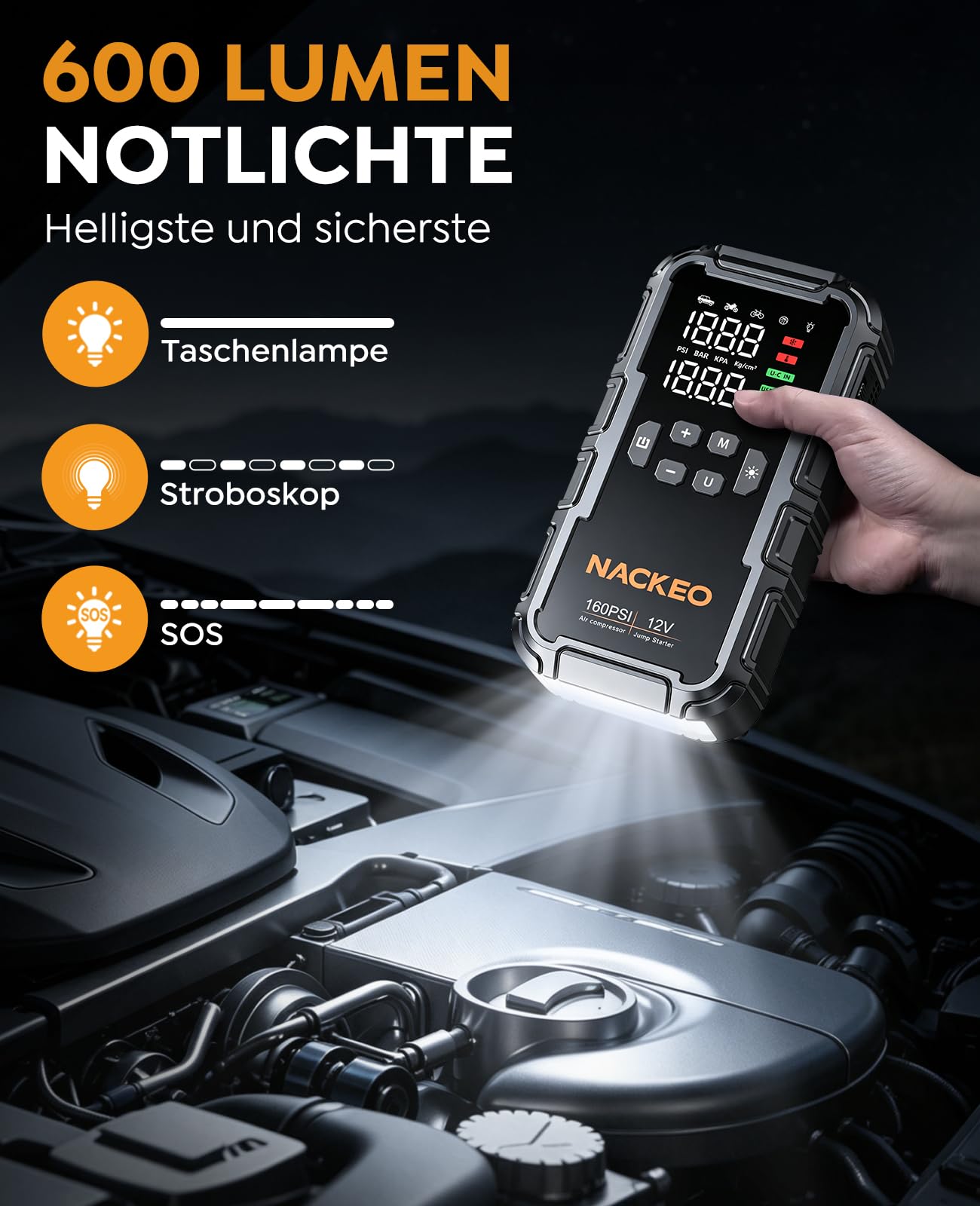 8000A Starthilfe Powerbank für Pkw mit Kompressor (160PSI), 12V Auto Starthilfe Powerbank für Benzin & bis 12L Diesel, tragbarer Jump Starter mit 600LM LED-Licht, Starthilfekabeln & großem LCD-Display