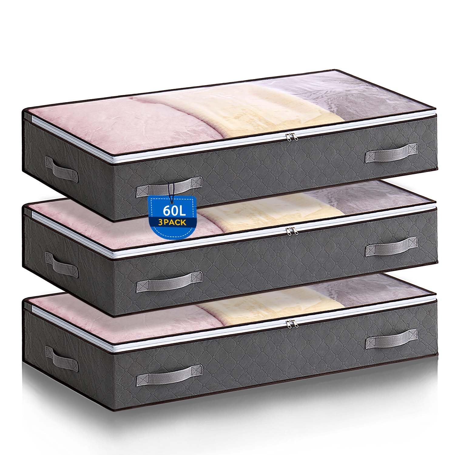 Boic 3 Piezas 60L Bolsas Almacenaje Ropa Debajo De La Cama, Plegable Cajas Almacenaje Ropa, Cajas Organizadoras Con Ventanas Y Asas, Caja De Almacenamiento Para Zapatos,De Cama (Gris)