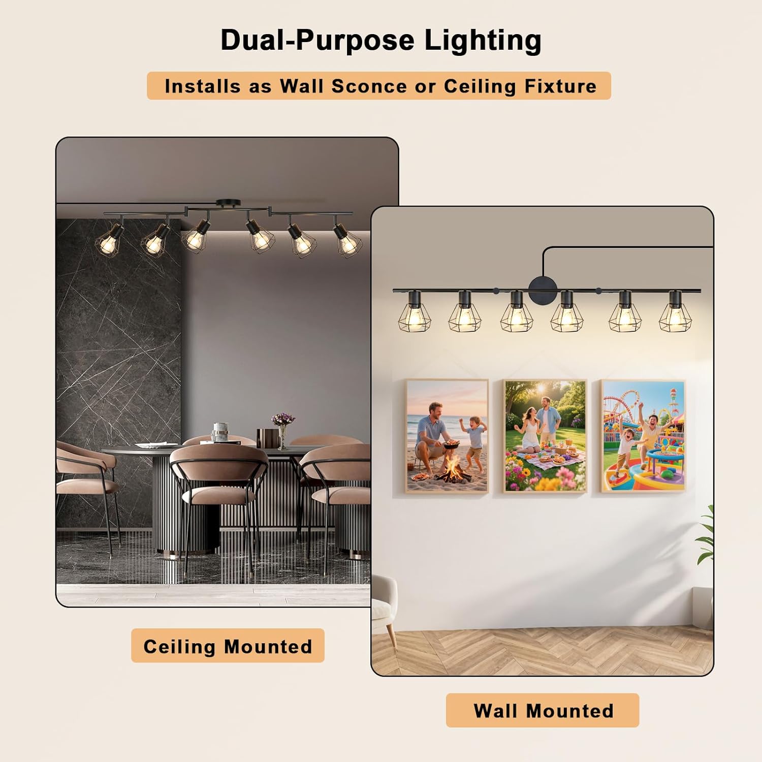 HiBay Plug in Track Lighting, 6-Light Rotatable Ceiling Light Fixture Black, Industrial Plug-in Track Lights with 16.4Ft Power Cord and in-Line On/Off Rocker Switch for Kitchen Living Room Office