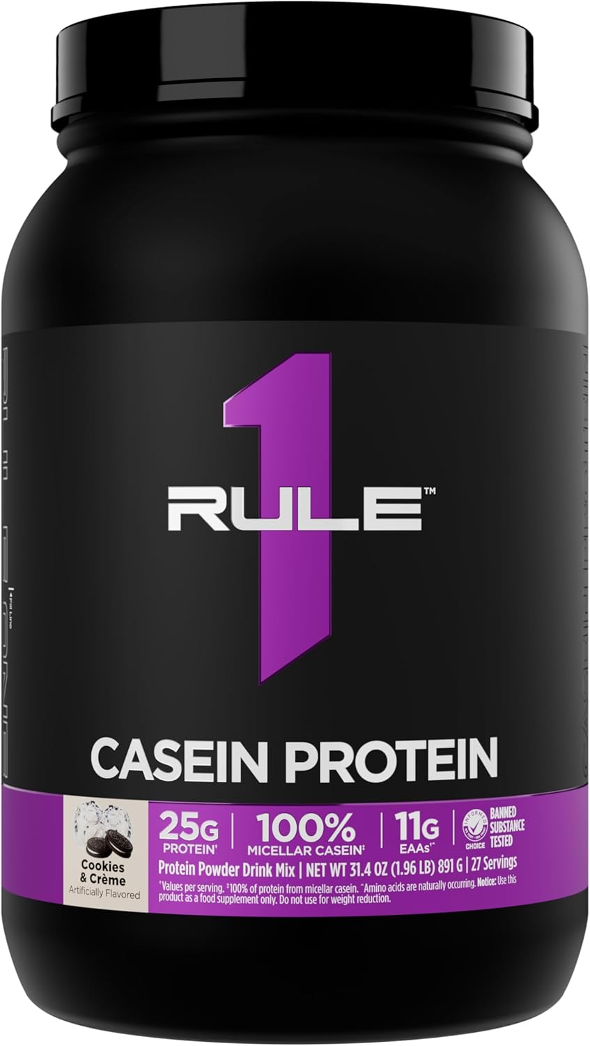 Rule 1 Proteins Casein Protein - 25g Protein and 11g EAAs Per Serving from Slow-Release Micellar Casein for Overnight Recovery and Sustained Delivery Between Meals (2 Pounds, Cookies & Crème)