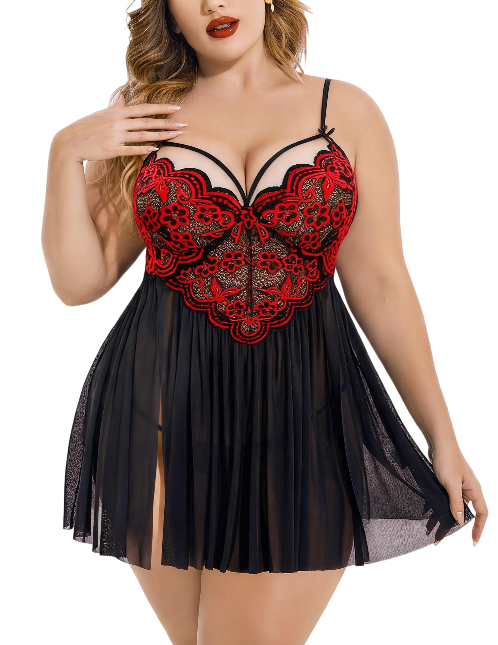 Avidlove Plus Size Lingerie Lace Babydoll V Neck Chemise Mesh Sleepwear | Flattering plus size babydoll with sexy lace cups, side slit mesh skirt, and adjustable straps for a perfect curvy fit