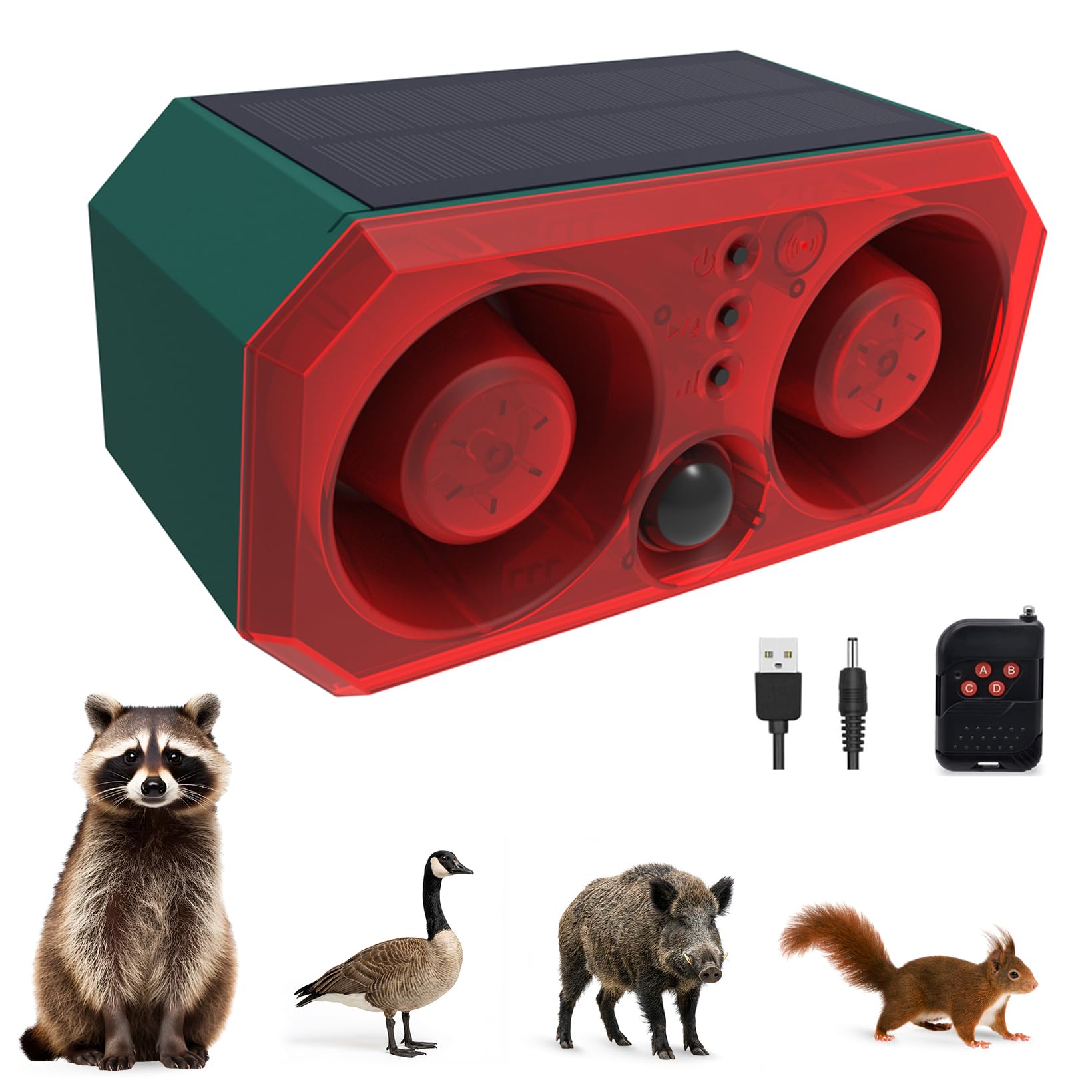 QingRain Solar-Outdoor Motion Sensor Alarm: Coyote Deterrent 130dB Dual Speakers Sound, Motion Light & Remote|Animal Deterrent for Yard/Farm/Chicken Coop