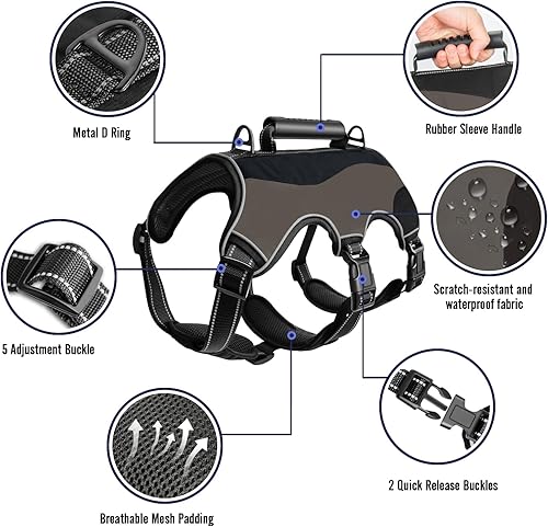 Miniatura 4 de Arnés para perro a prueba de escape, ajustable, sin tirones, con asa de elevación, clip para correa, chaleco acolchado reflectante transpirable para