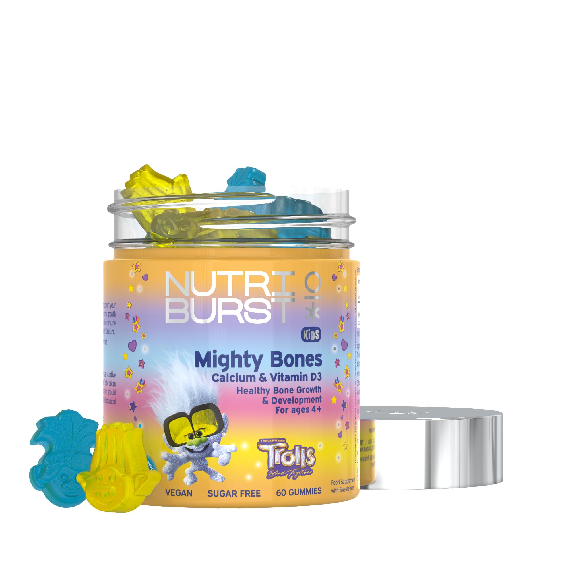 Nutriburst Trolls Kids Mighty Bones - Vitamin D3 + Calcium Chewable Vitamin - Healthy Bone Development - Vitamin D3 (25Âµg) + Calcium (240mg) - Vegan + Sugar Free - Strawberry Flavour - 60 Gummies