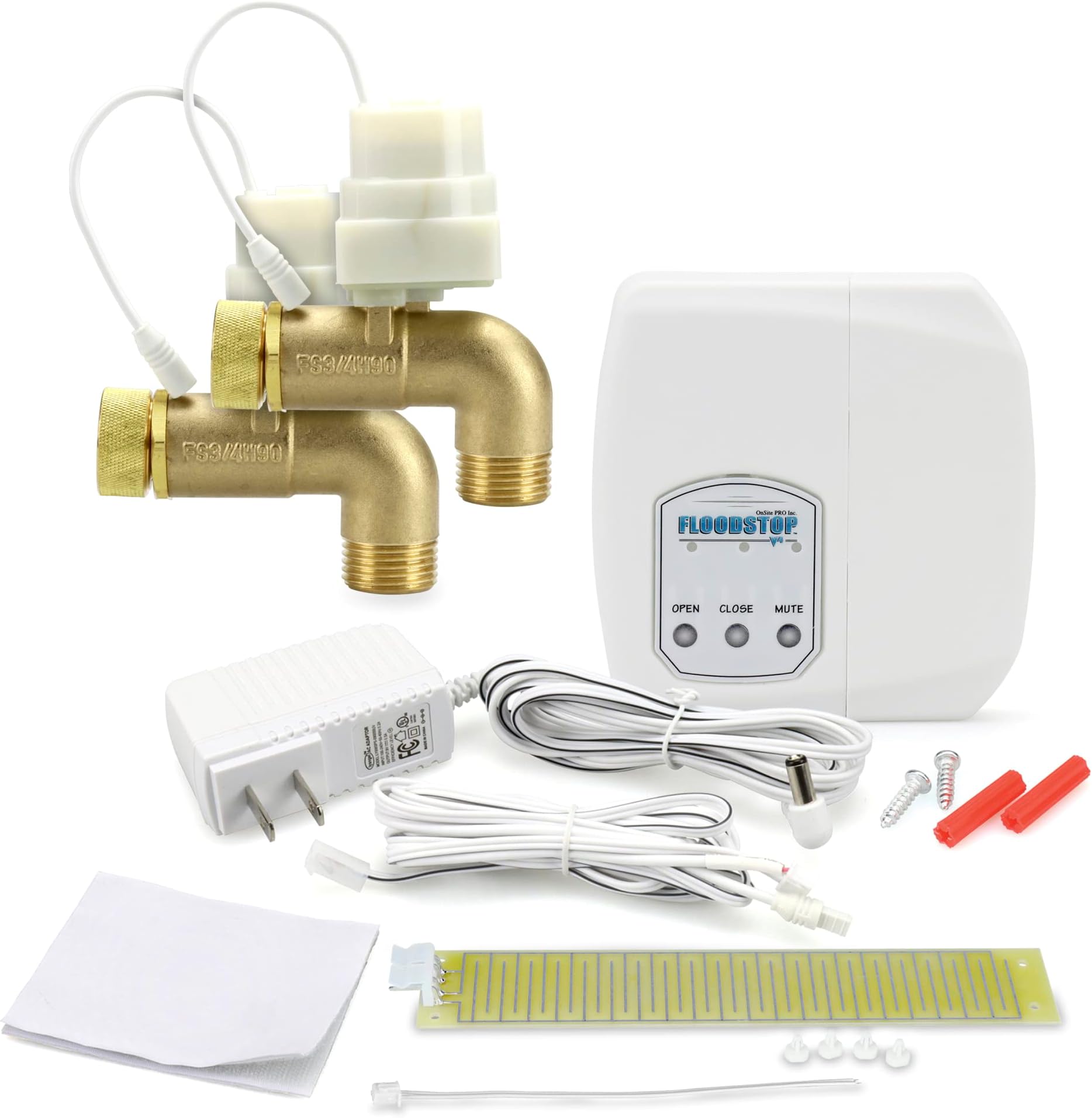 FloodStop Washing Machine Leak Detector Kit with Automatic Water Shut-Off and Visual/Audible Alarms, 3/4" 90deg, Hot & Cold Valves