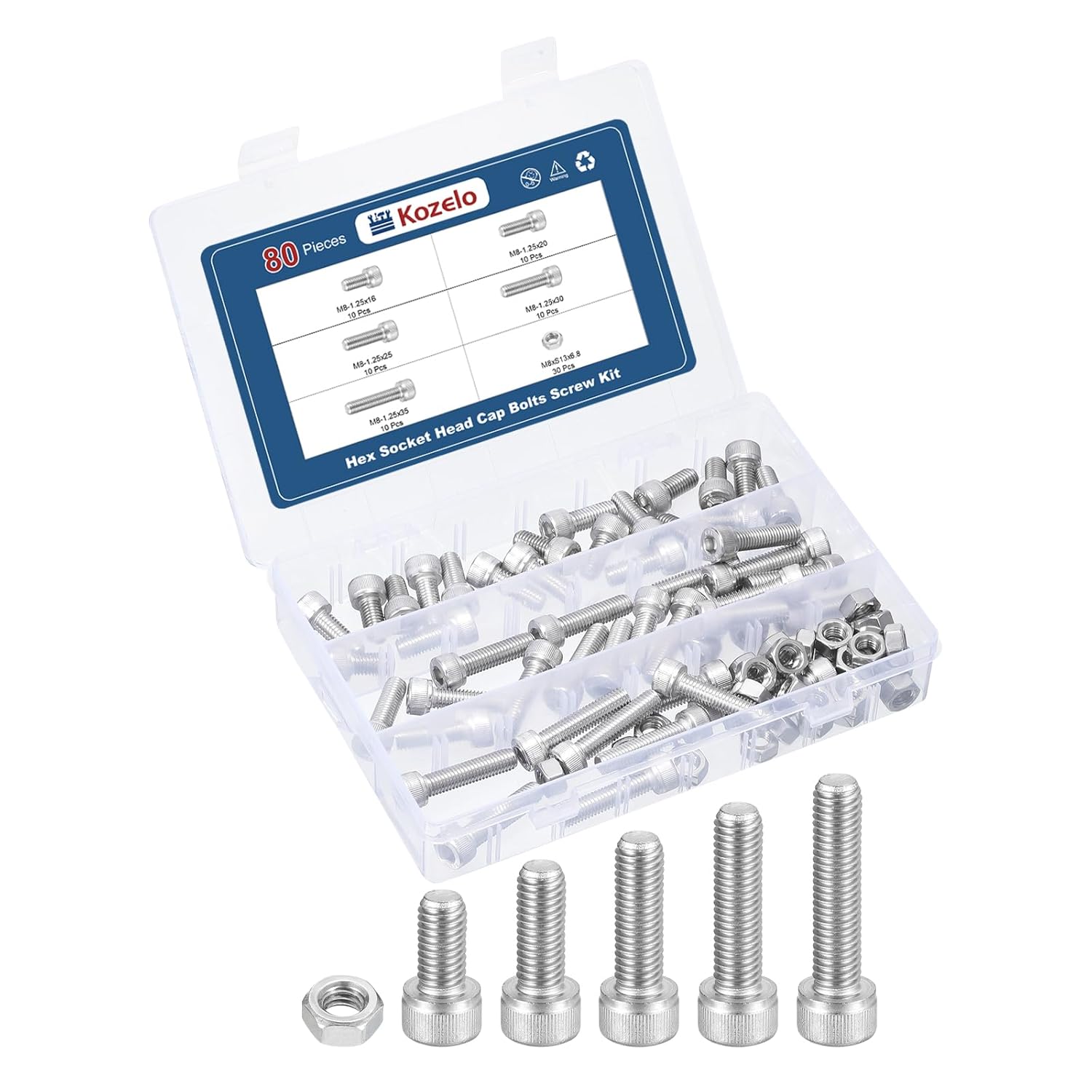 80pcs M8 Socket Head Cap Screws Bolts Nuts Assortment Kit - [M8x16mm] 304 Stainless Steel Allen Socket Drive for 3D Printer