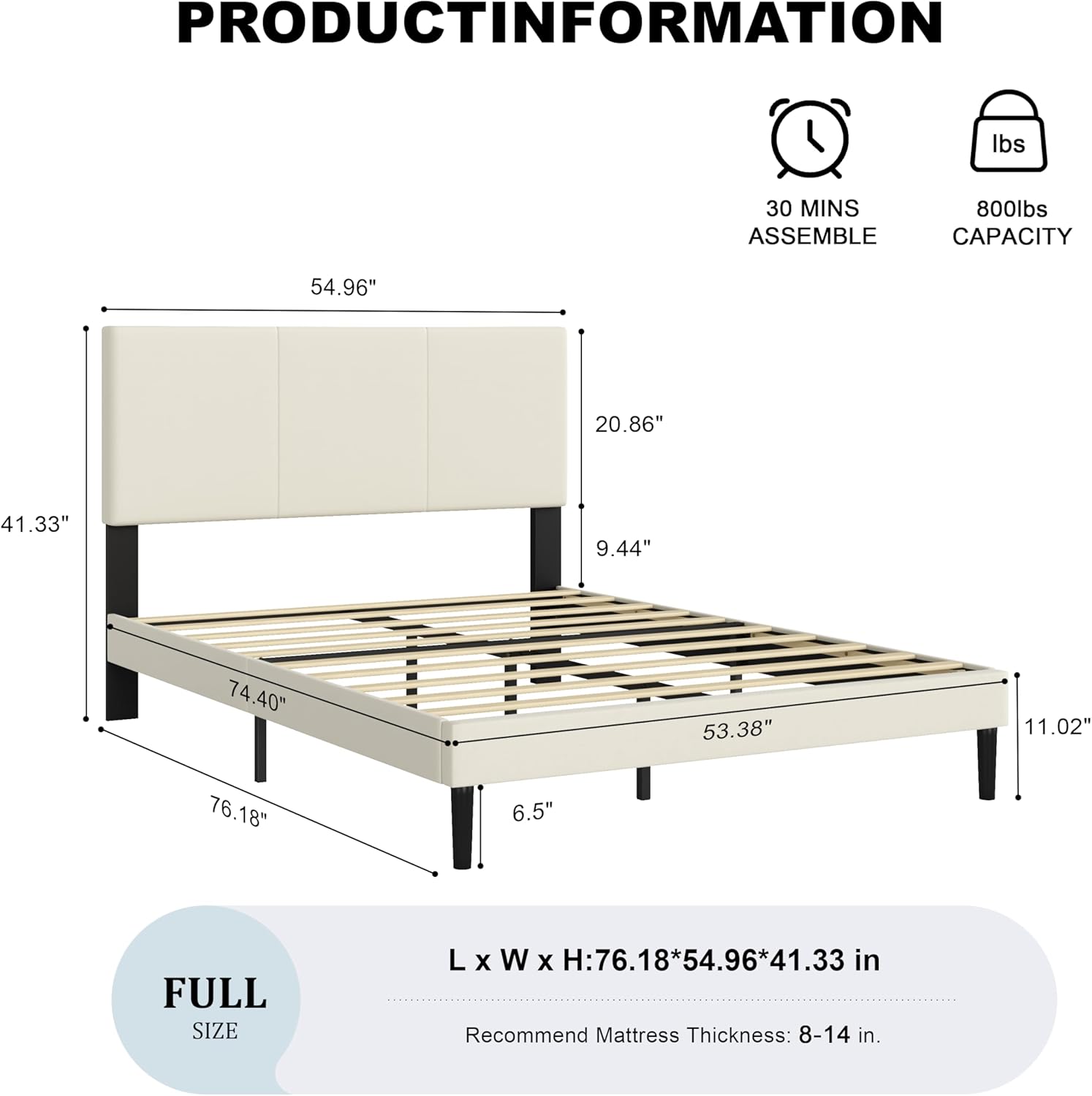 Full Size Bed Frame with Upholstered Headboard, Sturdy Wood Slats, No Box Spring Required, Silent, Easy Assembly,Beige - Image 2