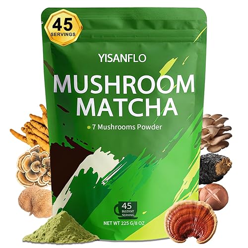 YISANFLO Matcha de hongos para energía, concentración, digestión, inmunidad, cola de pavo, shiitake, melena de león, 8 onzas (45 porciones) (matcha)