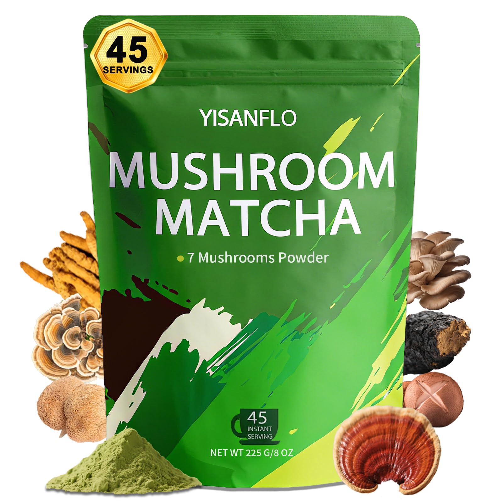 YISANFLO 7-in-1 Mushroom Matcha for Energy Focus Digestion Immunity Turkey Tail Shiitake Lions Mane Ceremonial-Grade Matcha Mushroom Powder