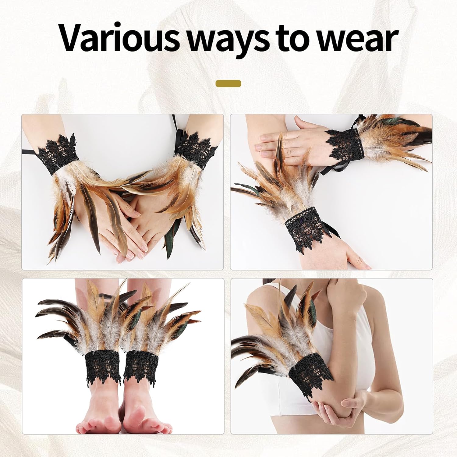 Women's Gothic Lace Feather Gloves Feather Arm Sleeve Wristband Mesh Cuff Cosplay Halloween Costume Accessories - Image 4