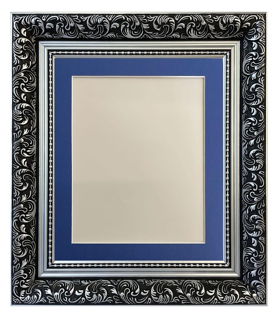 FRAMES BY POST Large Dahlia Silver Picture Photo Frame with Oxford Blue Mount 30 x 30 cm Image Size 10 x 10 Inch — image 1