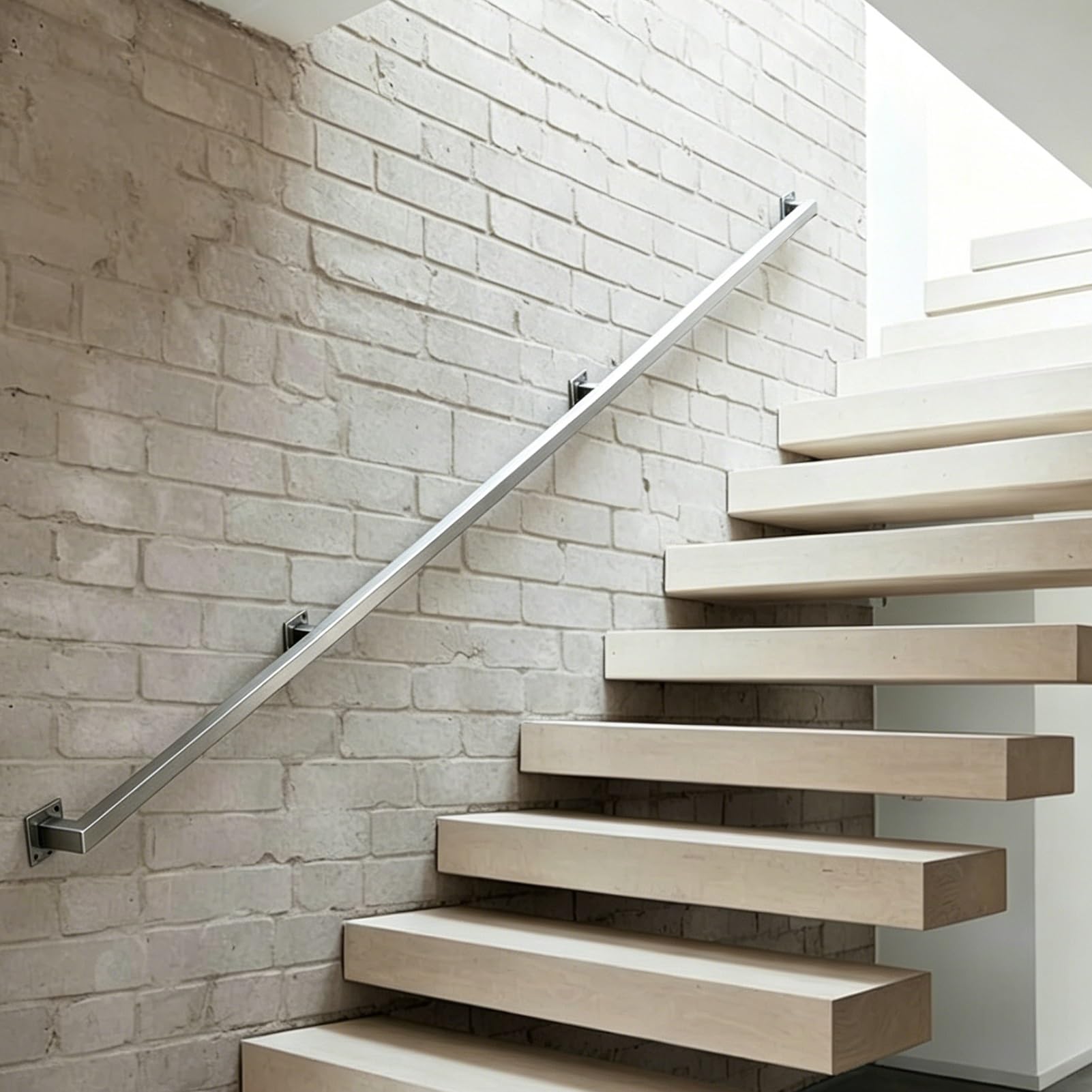Wall-Mounted Stair Handrails Banister, Heavy Duty Stainless Steel Grab Bar for Wood Concrete Brick Walls, Silver Square Pipe Rust-Resistant Guardrail - Complete Kit(15ft/4.5m)
