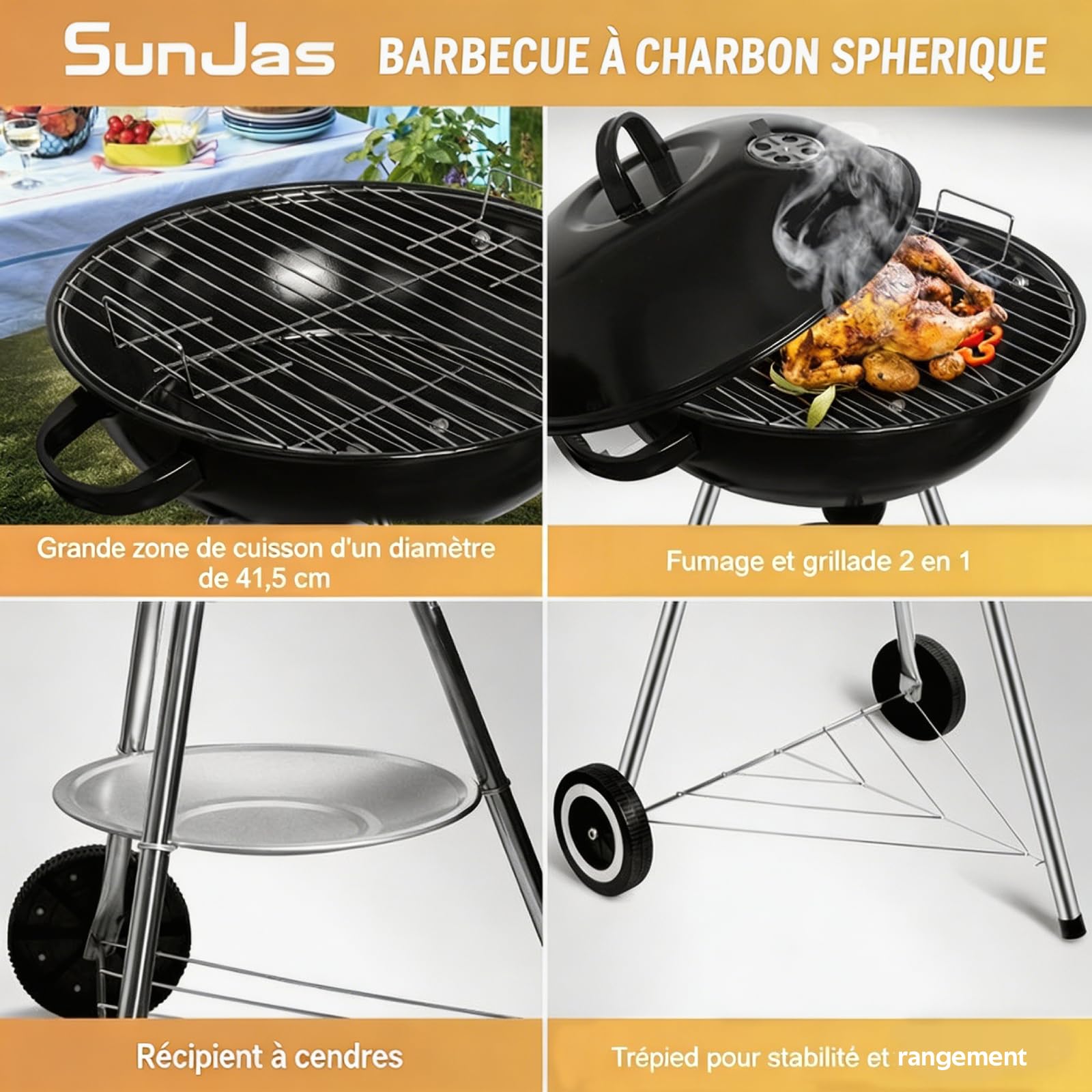 Barbecue à Charbon Rond, BBQ Mobile Barbecue Grill Portable de Jardin, avec Couvercle et 2 Roues - 46 * 44 * 70cm