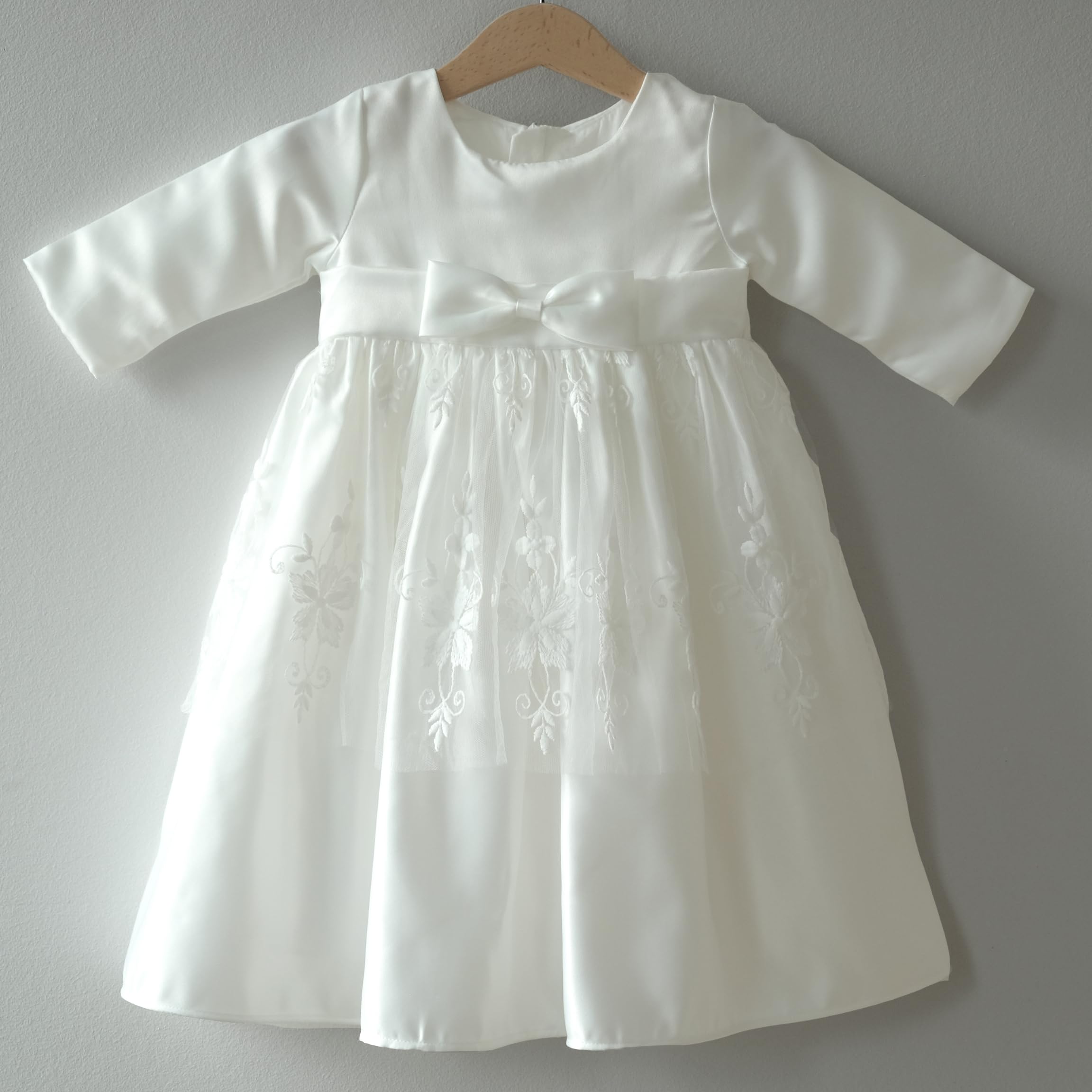Taufkleid Langarm Satin Spitze Baby Mädchen Blumenmädchen M35
