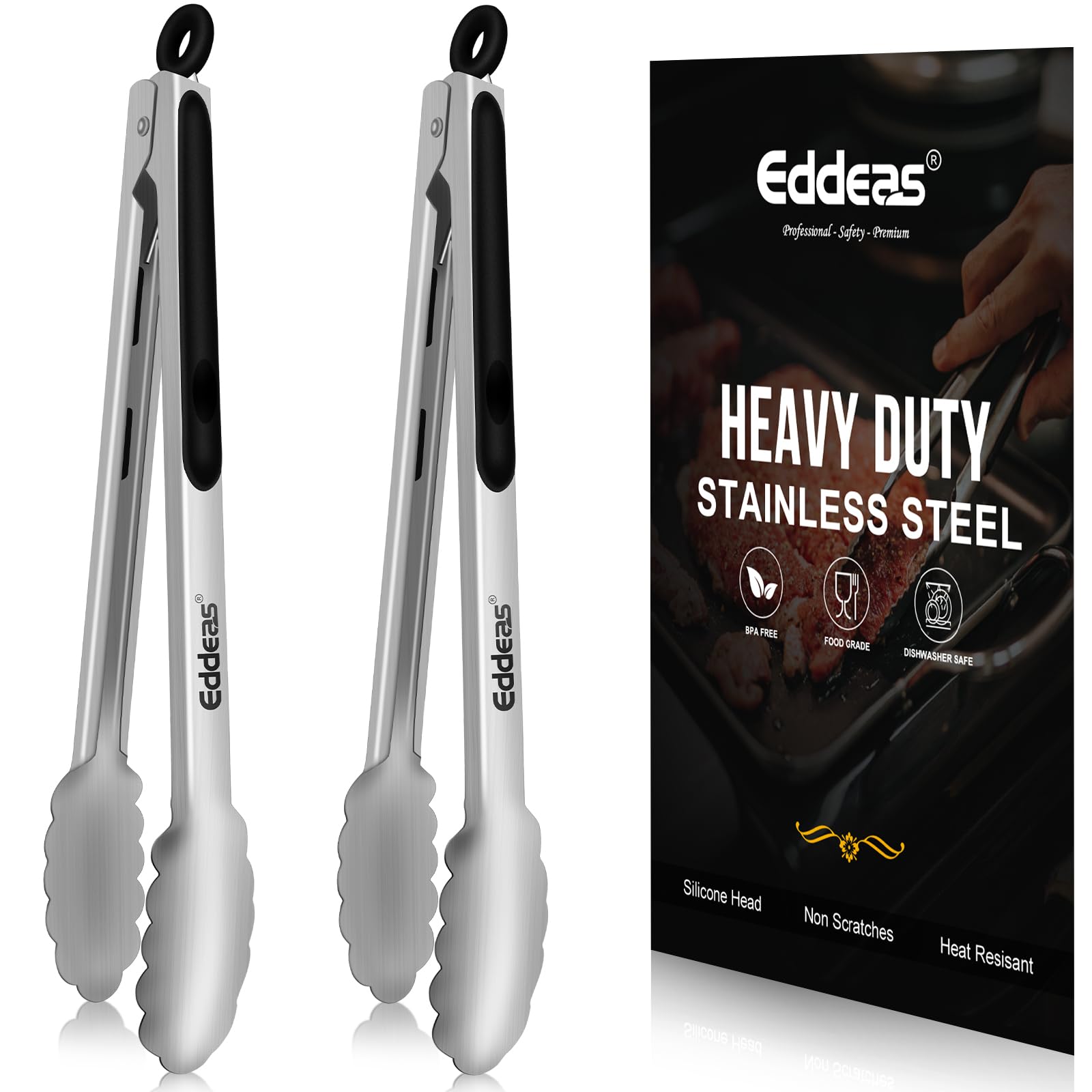 2PCS 12inch Kitchen Tongs - Heat Resistant 600 Degree Tongs for Cooking, Heavy Duty All Metal Food Tongs, Stainless Steel and Non-Slip handle, Salad, Grilling, Barbecue, Dishwasher safe
