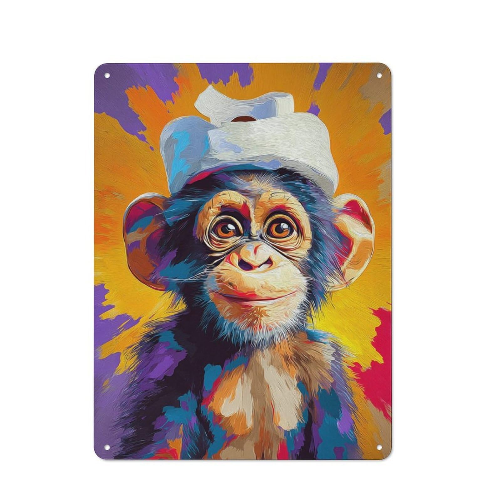 Junmoney Colorful Chimpanzee Portrait With Hat Tin Wall Plaque 40X30cm With For Bar Or Restaurant, Housewarming Present For People Styling Bar And Restaurant