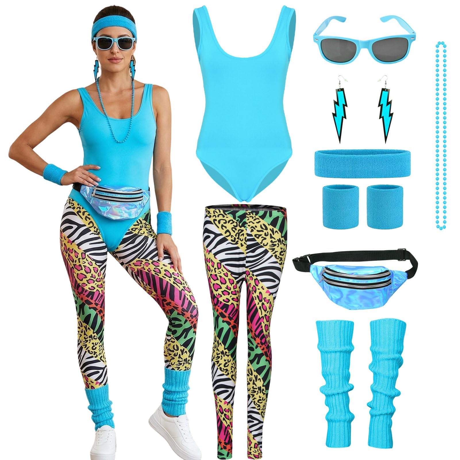 Aleshime 80s Fancy Dress Costume for Women – 80s Workout Outfit with Neon Bodysuit, Animal Print Leggings & Retro Accessories for 80s Theme Party, Hen Do, Festival (Blue, L) — image 1