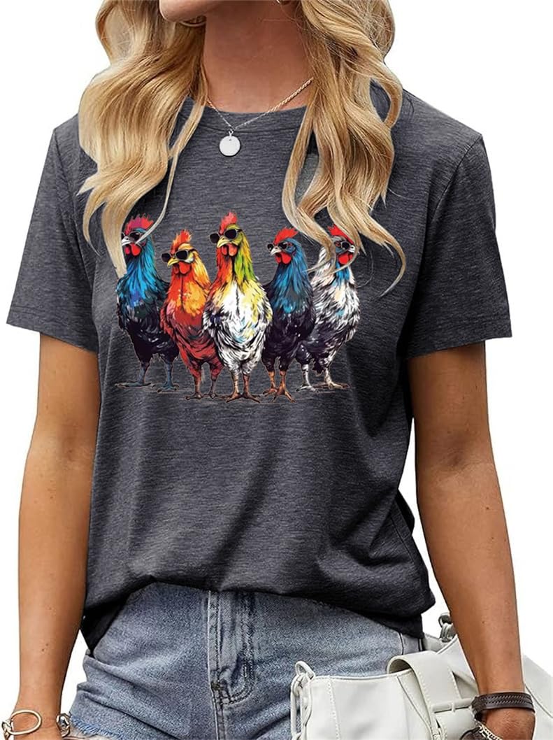 BeopjeskFunny Chicken T-Shirt for Women Casual Cute Short Sleeve Farm Country Animal Lover Graphic Tees Tops