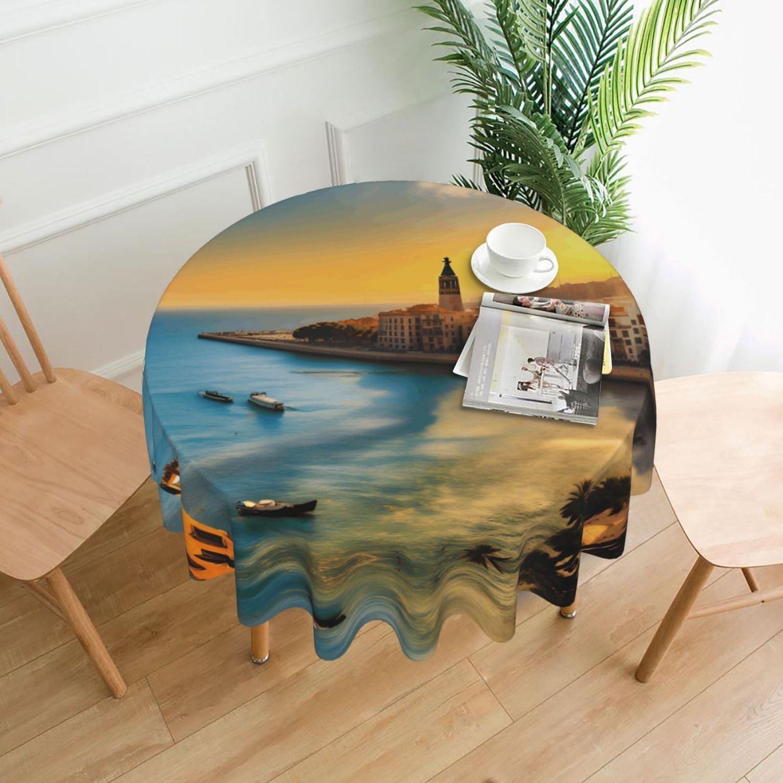 PHAYAH Sunset in Barcelona Pattern Tablecloth Round 60 Inch Table Fabric Farmhouse Decorative for Holiday Home Party Buffet Party