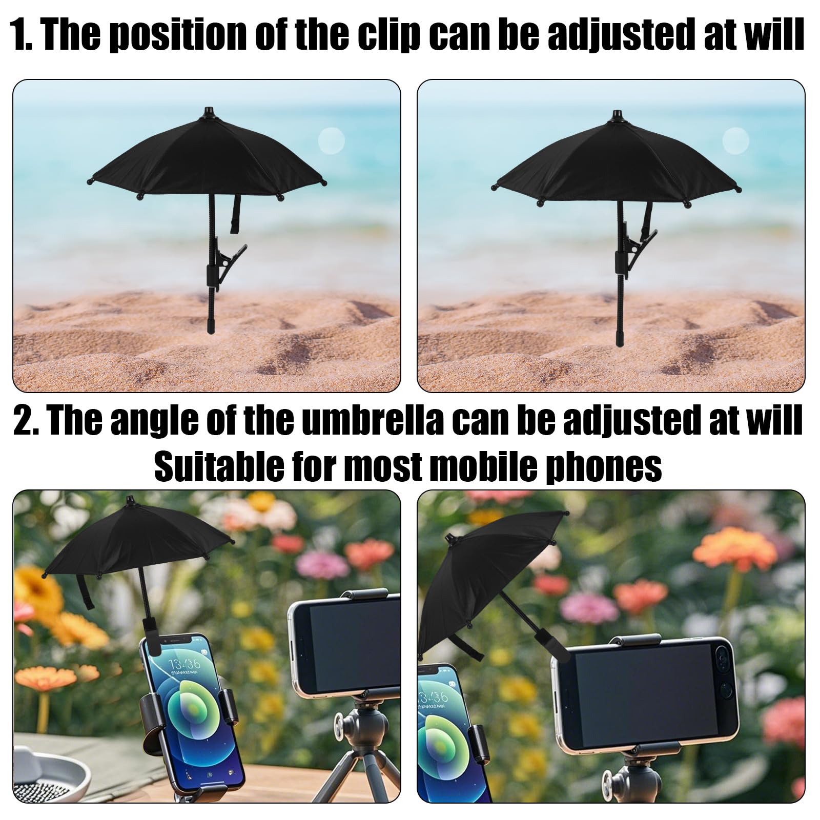 BOXOB Clips de Paraguas para Teléfono Ajustables Parasol Celular Cubre Sombra Proteger Pantalla del Sol Lluvia