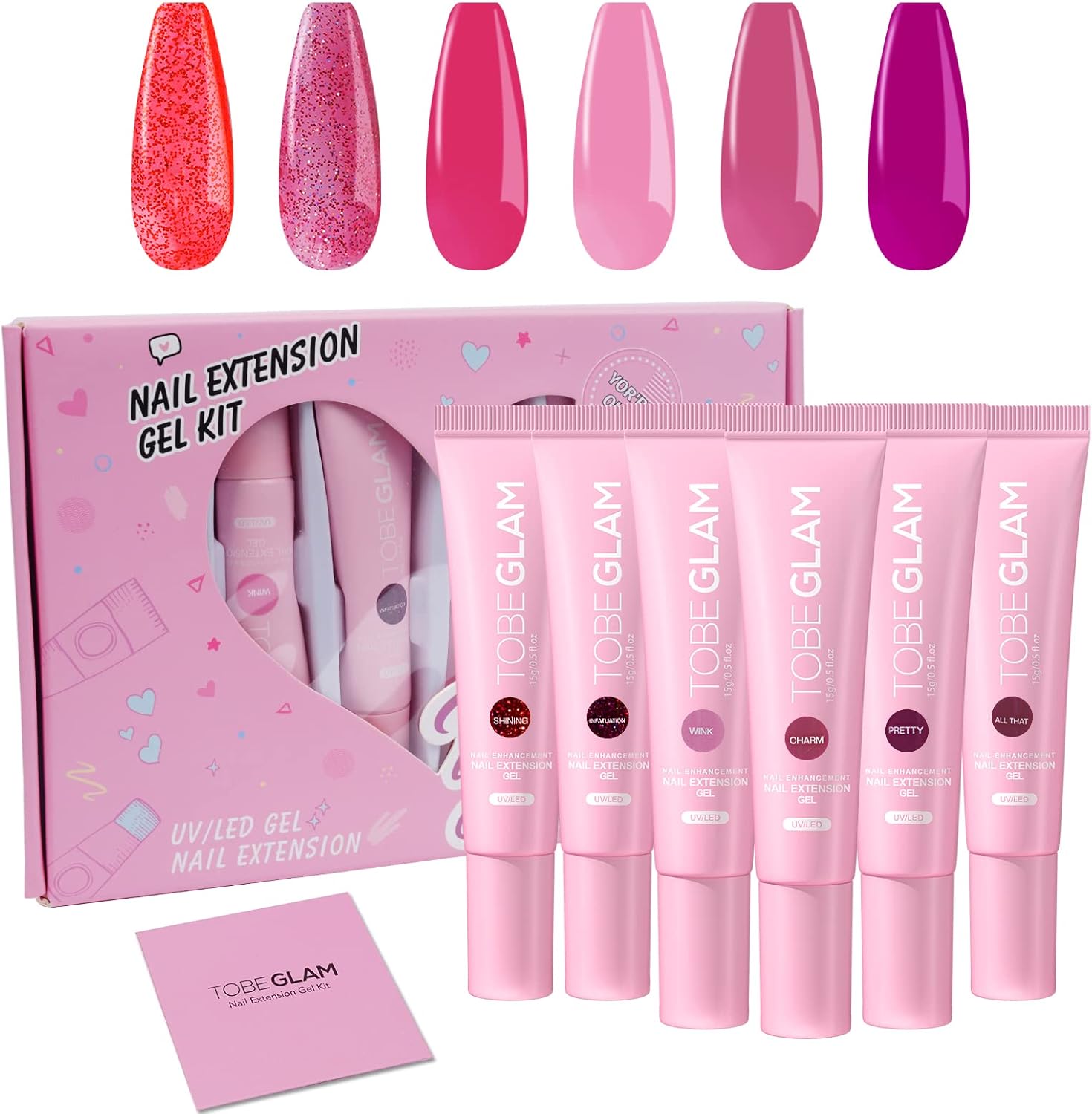 TOBEGLAM Poly Nail Gel set, 6*15ml Red Pink Glitter Color Nail