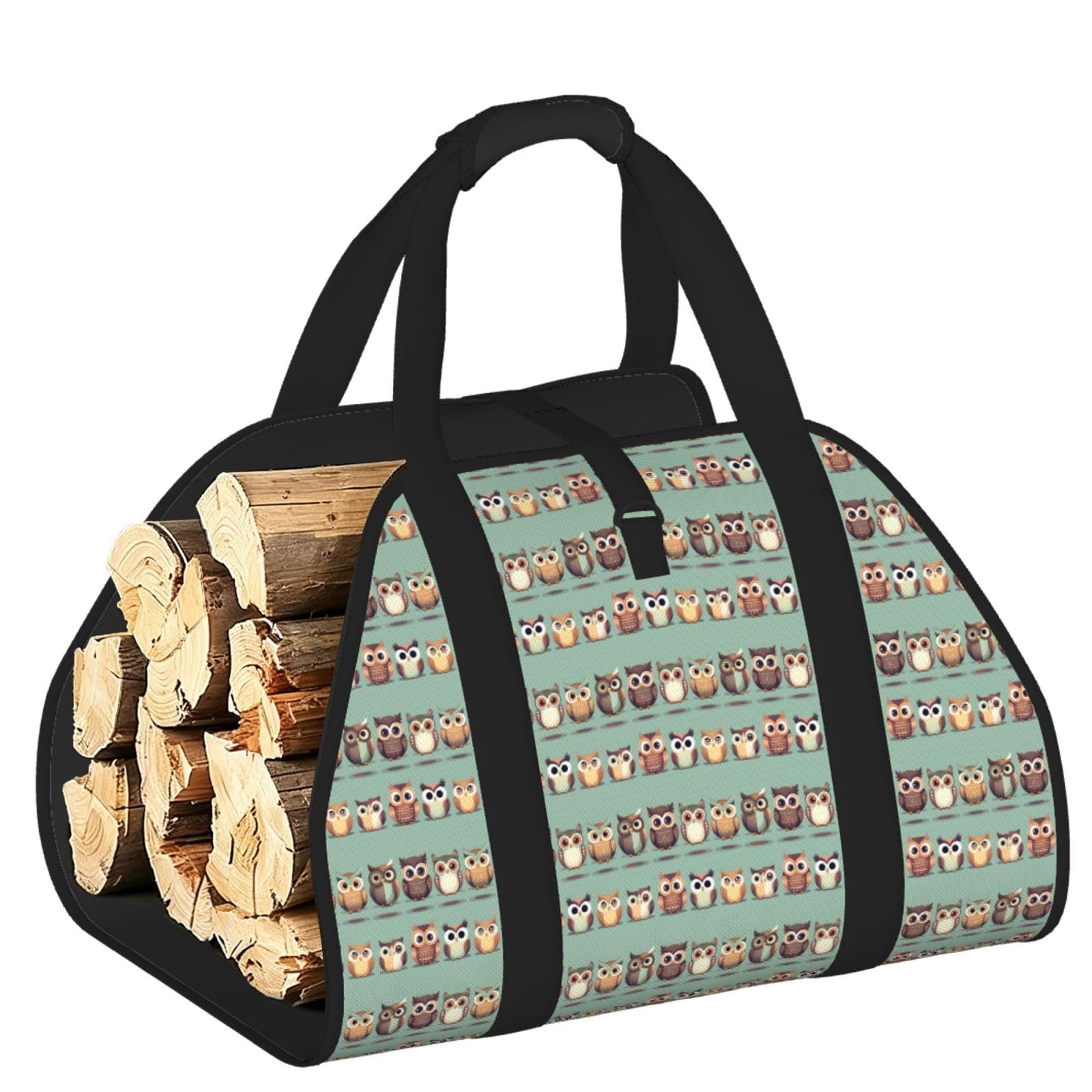 Ayyqwe Black Cartoon Owls Cute Print Firewood Bag Wood Waterproof Versatile Camping Picnic Storage Daily Home