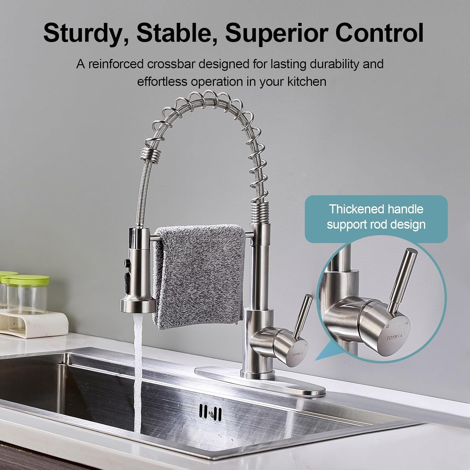 Kitchen Faucets with Pull Down Sprayer, Brushed Nickel Stainless Steel Single Handle Pull Out Spring Sink Faucet, 3 Function Sprayer 1 or 3 Hole Deck Plate for Farmhouse Laundry Rv Bar