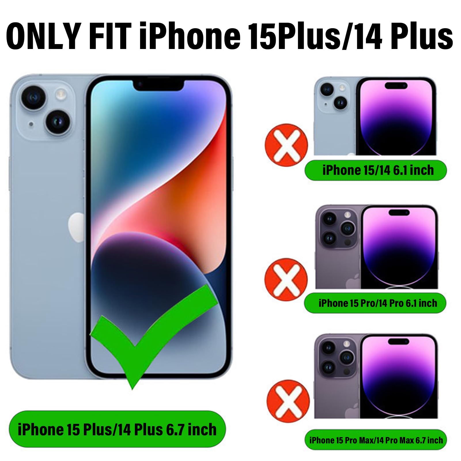 VANAVAGY Wallet Case Compatible for iPhone 14 Plus/15 Plus for Women and Men,RFID Flip Leather Cover with Wrist Supports Wireless Charging with Card Holder and Glass Screen Protector,Black