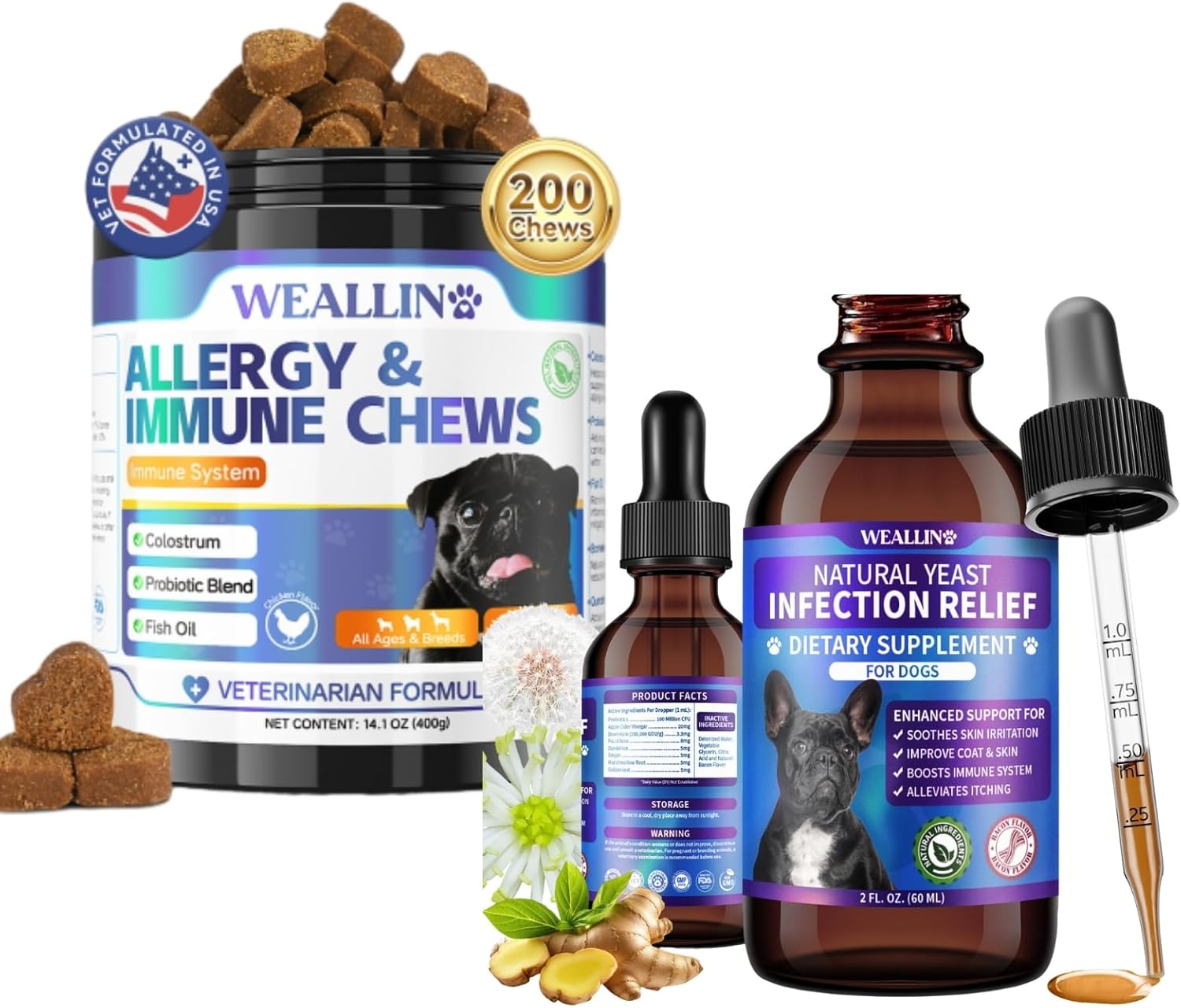 Dog Allergy Relief Chews + Yeast Infection Drops Bundle – Itch, Ear, and Skin Support | Natural Formula for Allergies, Yeast, Hot Spots & Immune Health
