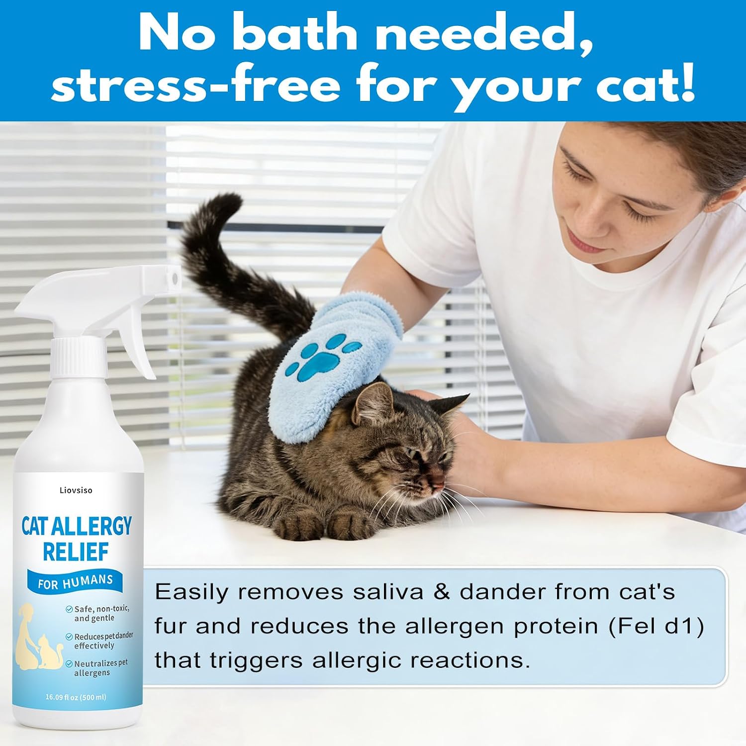Cat Allergen Spray, Cat Allergy Relief for Humans - Helps Reduce Pet Dander with Chamomile & Green Tea - No Bath Required, Includes Applicator Mitt, 16.09 oz