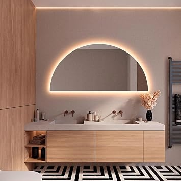 Semicircle Led Bathroom Mirror, Half Moon Lighted Wall Mirror, Half Circle Large Bathroom Mirror with Lights, 3-Color Dimmable Dressing Makeup Mirror, High Definition Silver Mirror, Defogging