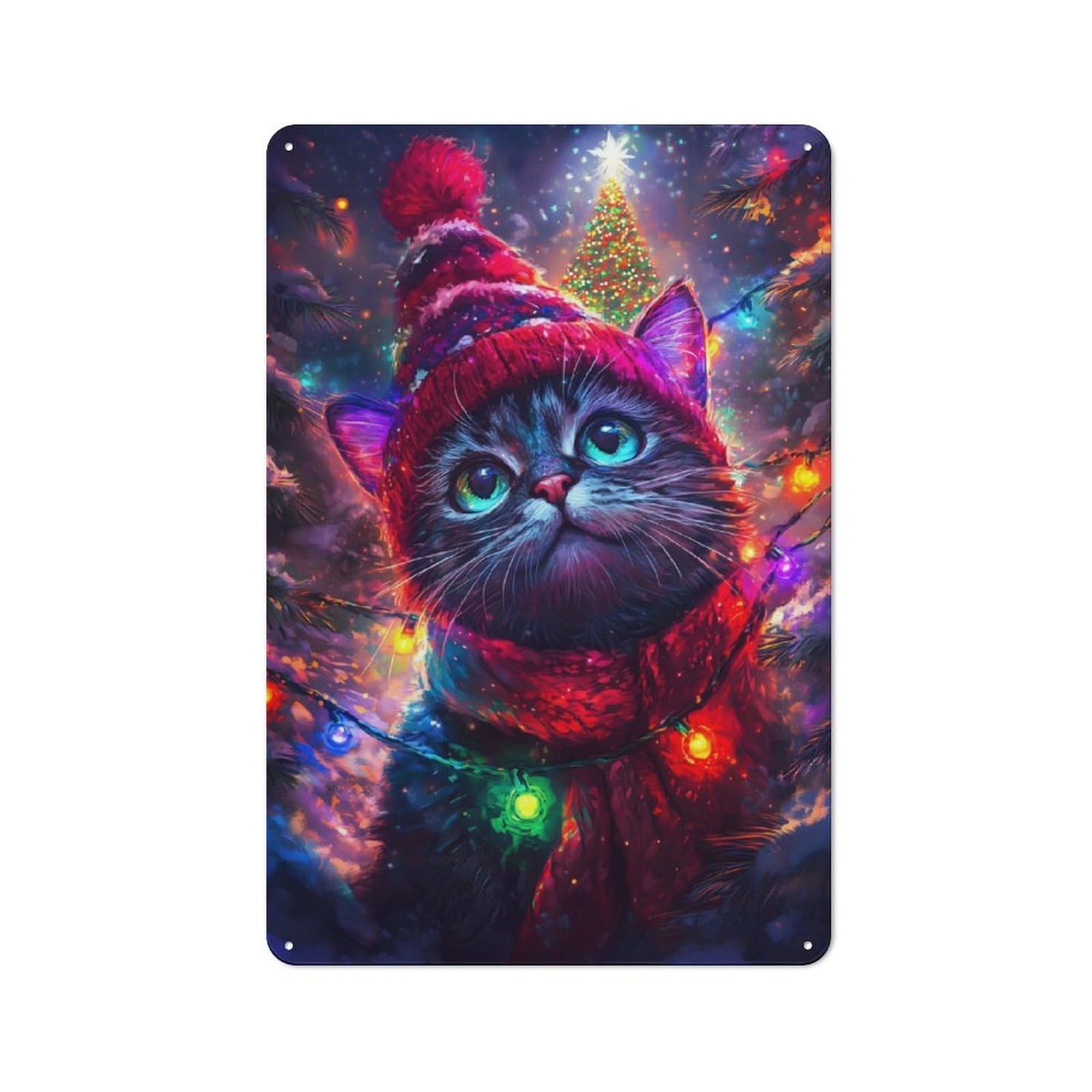 Junmoney Christmas Cat Metal Sign 30X20cm With For Workshop Wall, Rustic Decor, For Garage, Workshop And Man Cave Decoration