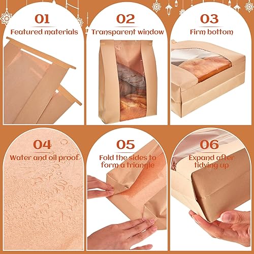 Miniatura 3 de Honoson Bolsas grandes de papel kraft para panadería con ventana, bolsas de pan de pan, bloqueo de estaño, embalaje de galletas para pan casero con