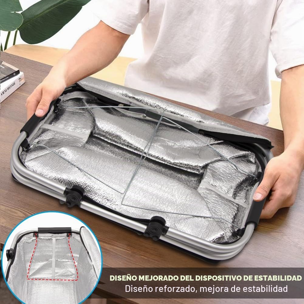 Cesta de Picnic Grande Portátil Plegable Impermeable, Bolsa Térmica con Marco de Aluminio, Oxford Cesta Resistente para Camping y Picnic (Gris)