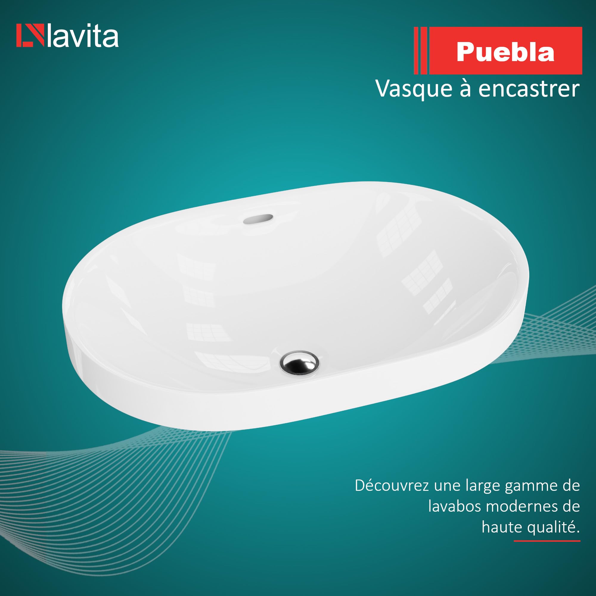 LAVITA Puebla Lavabo Suspendu Rond Faience Salle de Bain Evier Ceramique avec Trop-plein et sans Trou de Robinetterie - Céramique de Qualité Supérieure - 60 x 39 x 16,5 cm - Blanc Brillant