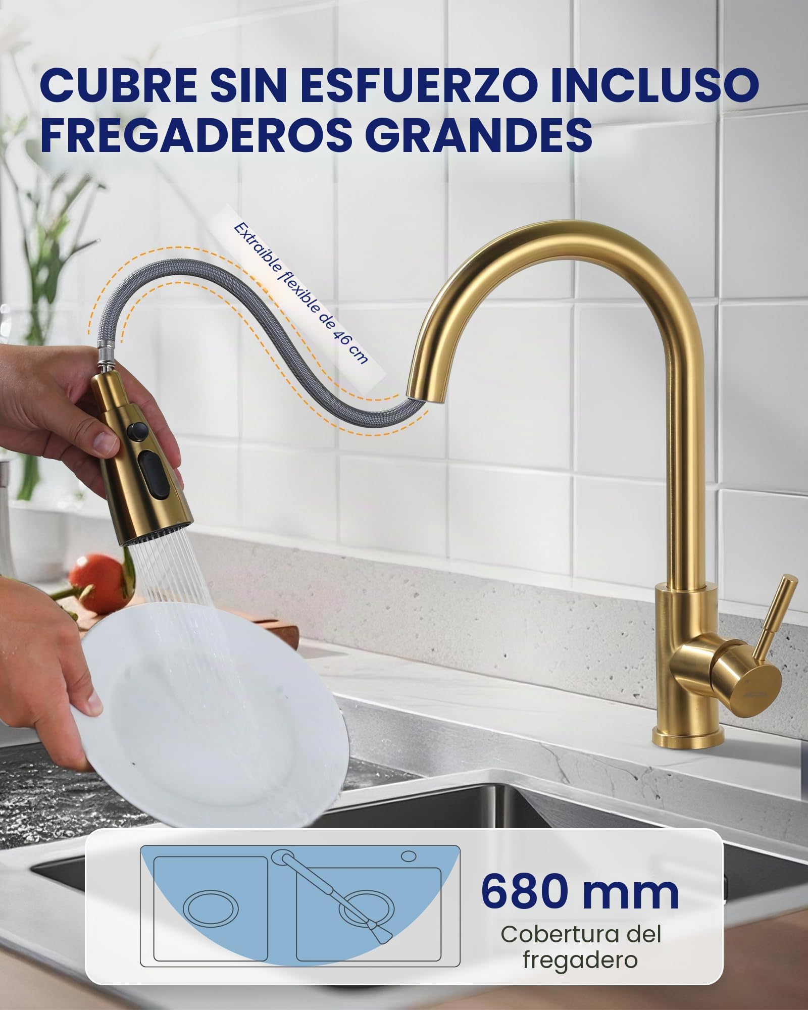 ARCORA Grifo Cocina Extraíble 360° Giratorio, Grifo Monomando Acero Inoxidable con 3 Modos de Chorro, Cartucho de Cerámica, para Fregaderos Profundos de Cocina, Dorado