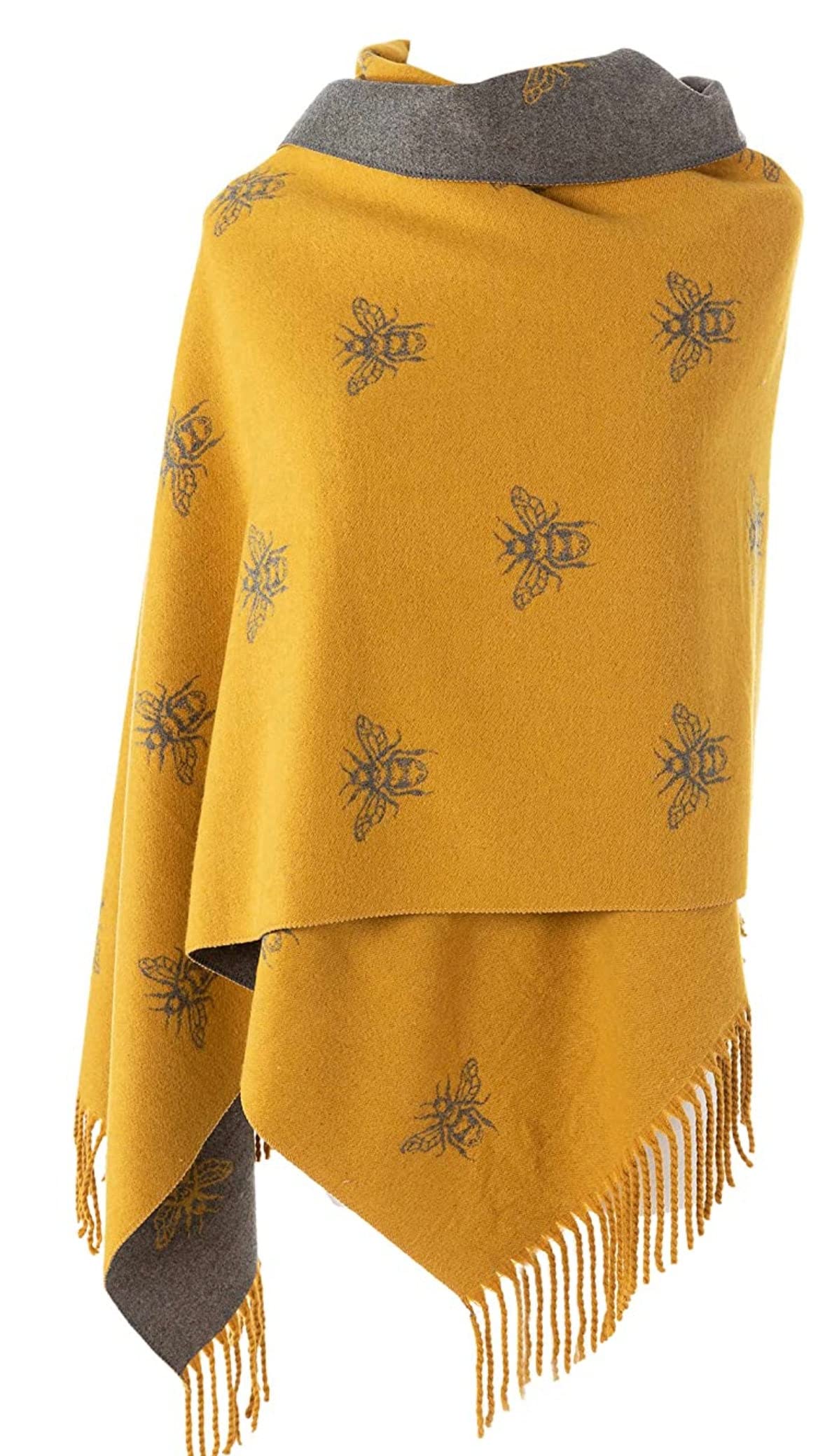 World Of Shawls Women's Mustard / Grey Winter Warmer Reversible Thick Long Bumble Bee Print Fashion Scarf Blanket Wrap (Mustard/Grey)
