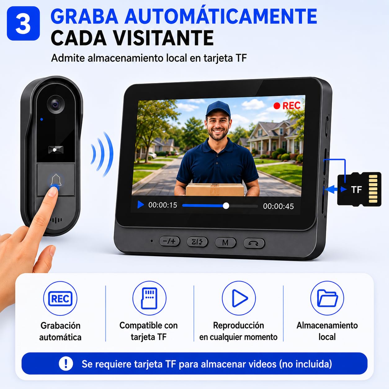 Winnes Timbre Inalámbrico con Cámara, Timbre con Vídeo Inalámbrico, Audio Bidireccional, Pantalla 4.3 IPS 1080P, Cámara Gran Angular de 170°, Visión Nocturna, No Requiere Suscripción y WiFi, 2.4GHZ