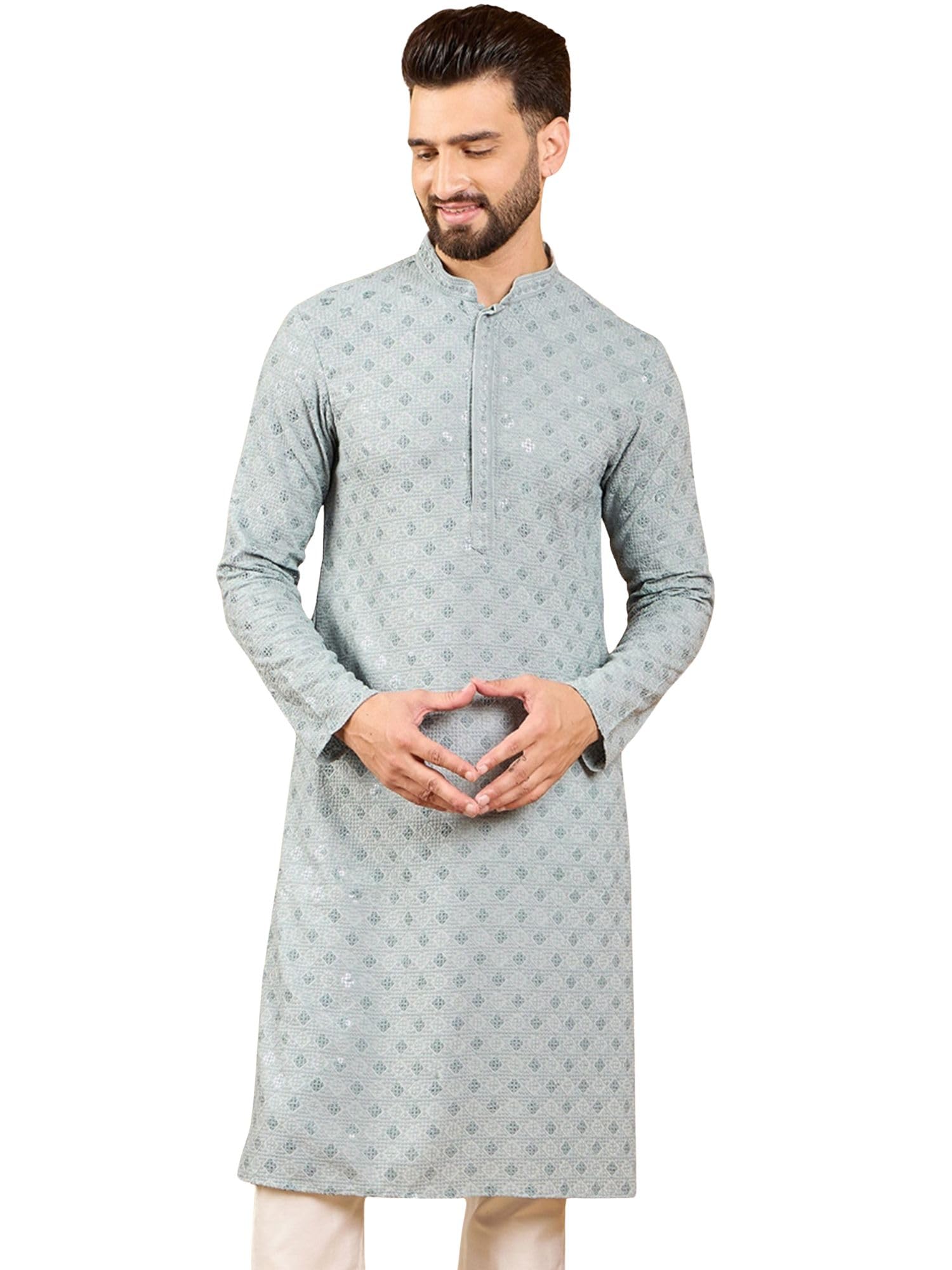 ethnic bay Men's Grey Viscose Rayon Solid Embroidered Design Calf Length Kurta Set | Embroidered Design Kurtas Sets For Mens | Straight Fit Kurta's For Men-picture-51