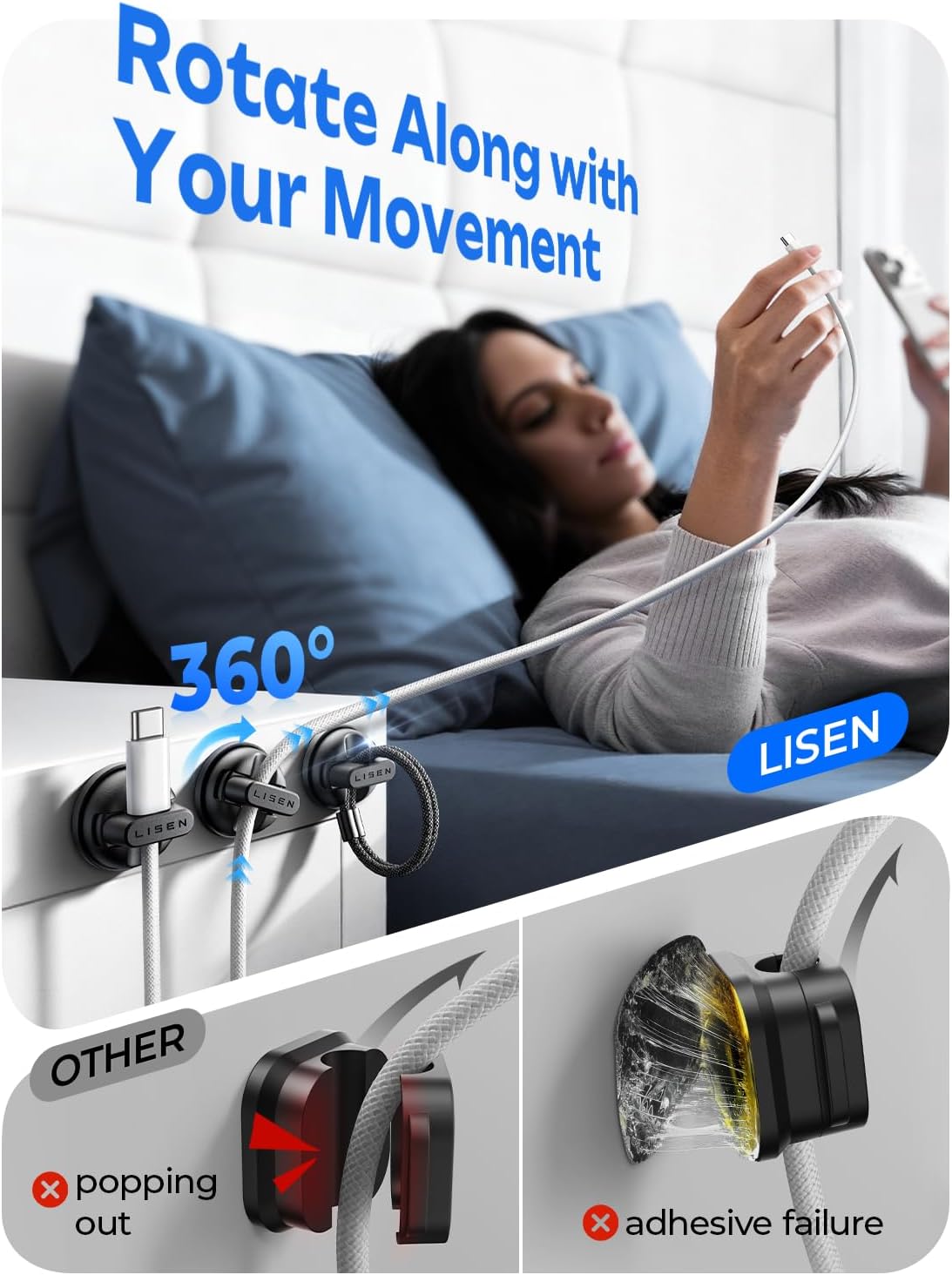 6-Pack Rotatable Cord Holder for Nightstand, LISEN 360°Rotating Magnetic Clips, No-Residue Strong Adhesive Cord Organizer for Desk, Phone Cord Holder for Home, Car, Office Desk Accessories - Image 3